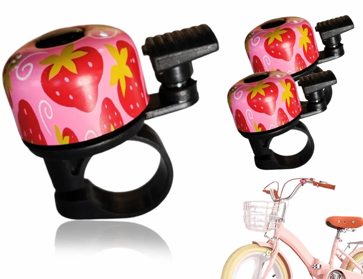 Dzwonek rowerowy, chrupiący dźwięk, głośny dzwonek dziecięcy, dla chłopców i dziewczynek, mini dzwonek rowerowy z motywem truskawkowym, do roweru, MTB, roweru wyścigowego, 2 sztuki