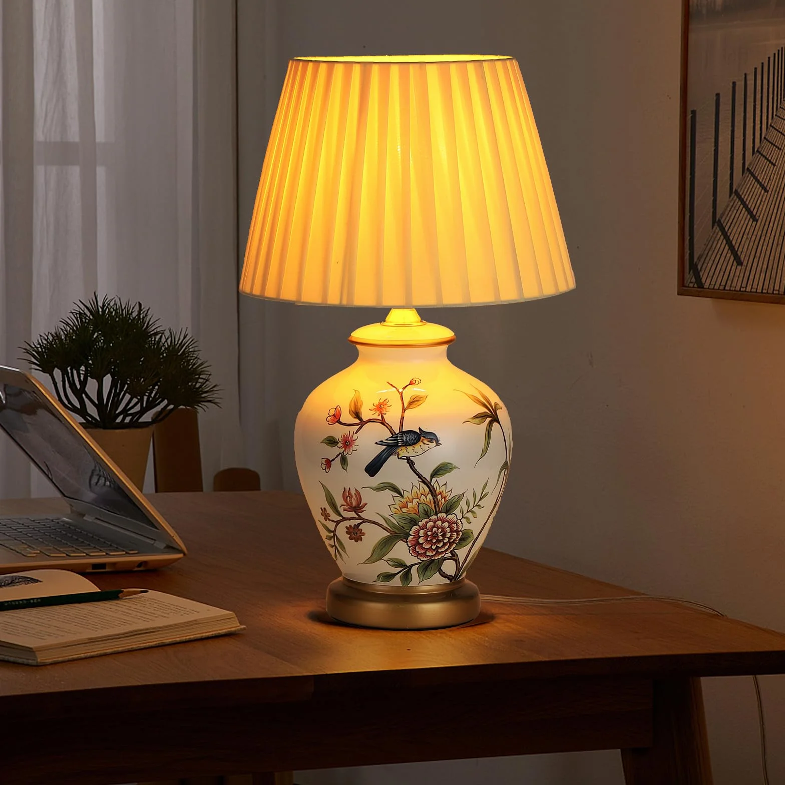 Ceramiczna lampa stołowa E27 biała tkanina nowoczesna vintage do salonu sypialni