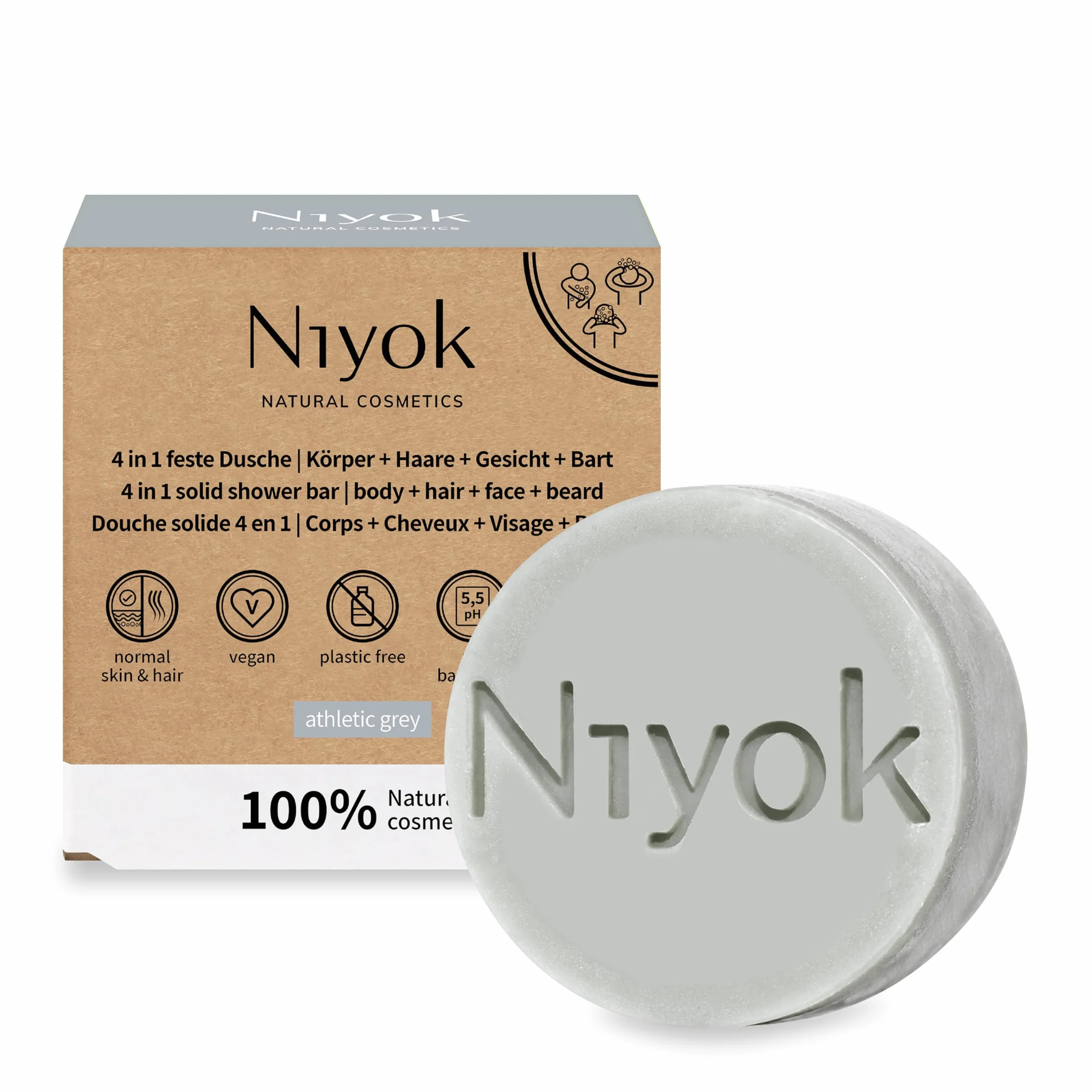 Niyok® Sta?y prysznic 4 w 1 "Athletic Grey" (80 g) myd?o do cia?a, w?osów, twarzy, brody, zrównowa?onej piel?gnacji cia?a All-in-One, mocne myd?o pod prysznic, mocny szampon, sta?e oczyszczanie