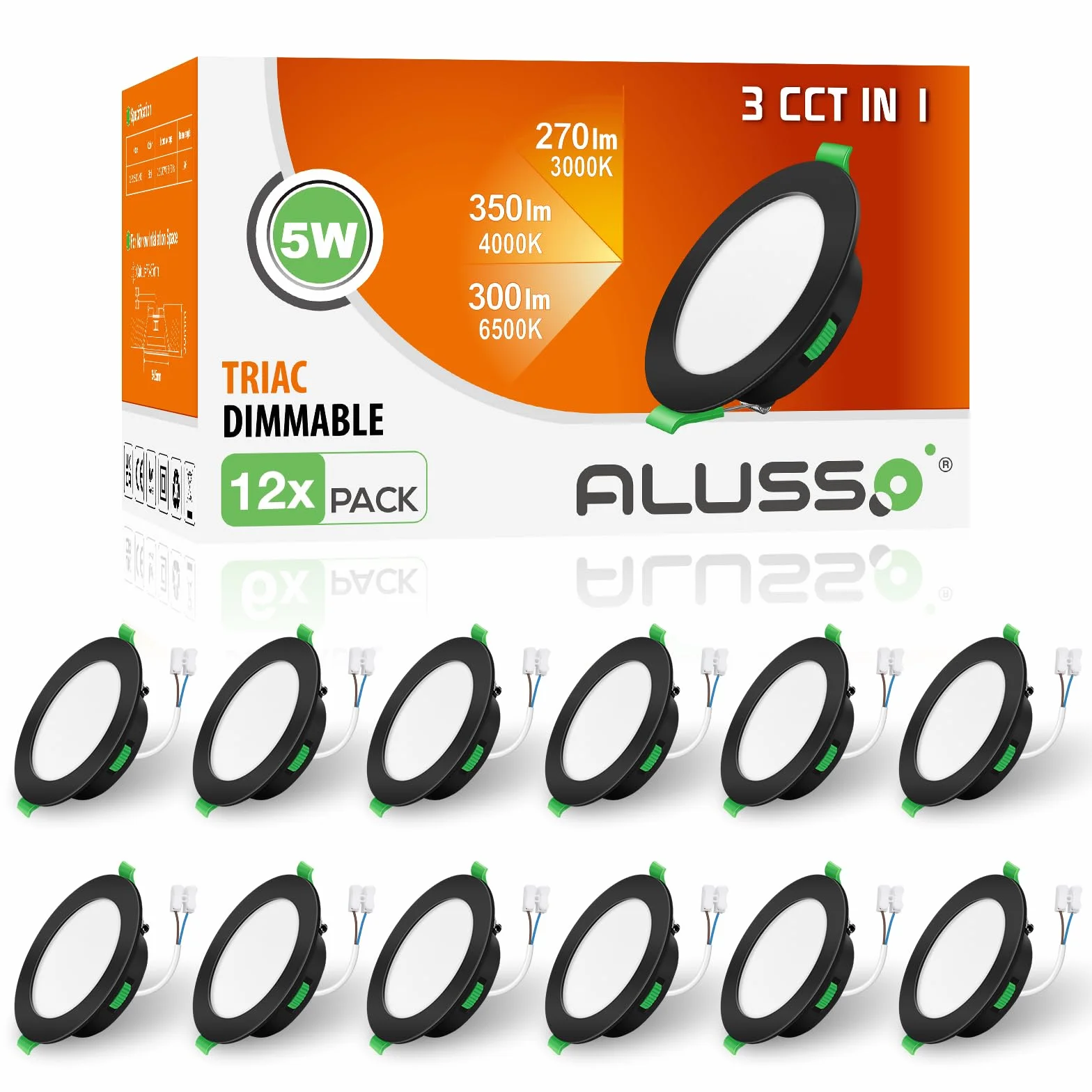 ALUSSO Reflektor Wpuszczany LED 230V 5W 400LM IP44 Ciepła Biel 3000K Neutralna Biel 4000K Zimna Biel 6500K Regulowane Czarny 12 Sztuk