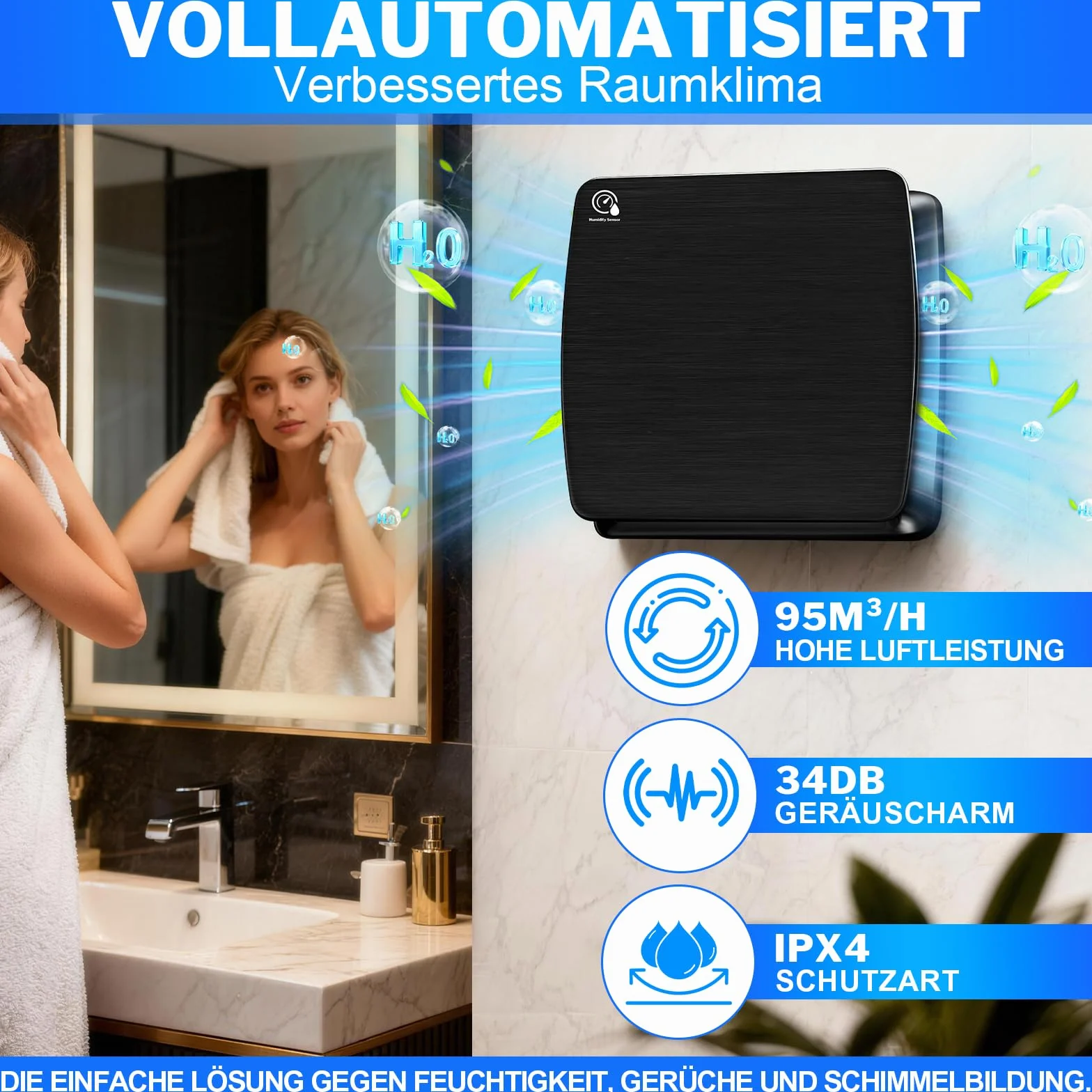 Wentylator łazienkowy 100 mm z timerem i czujnikiem wilgotności, czarny