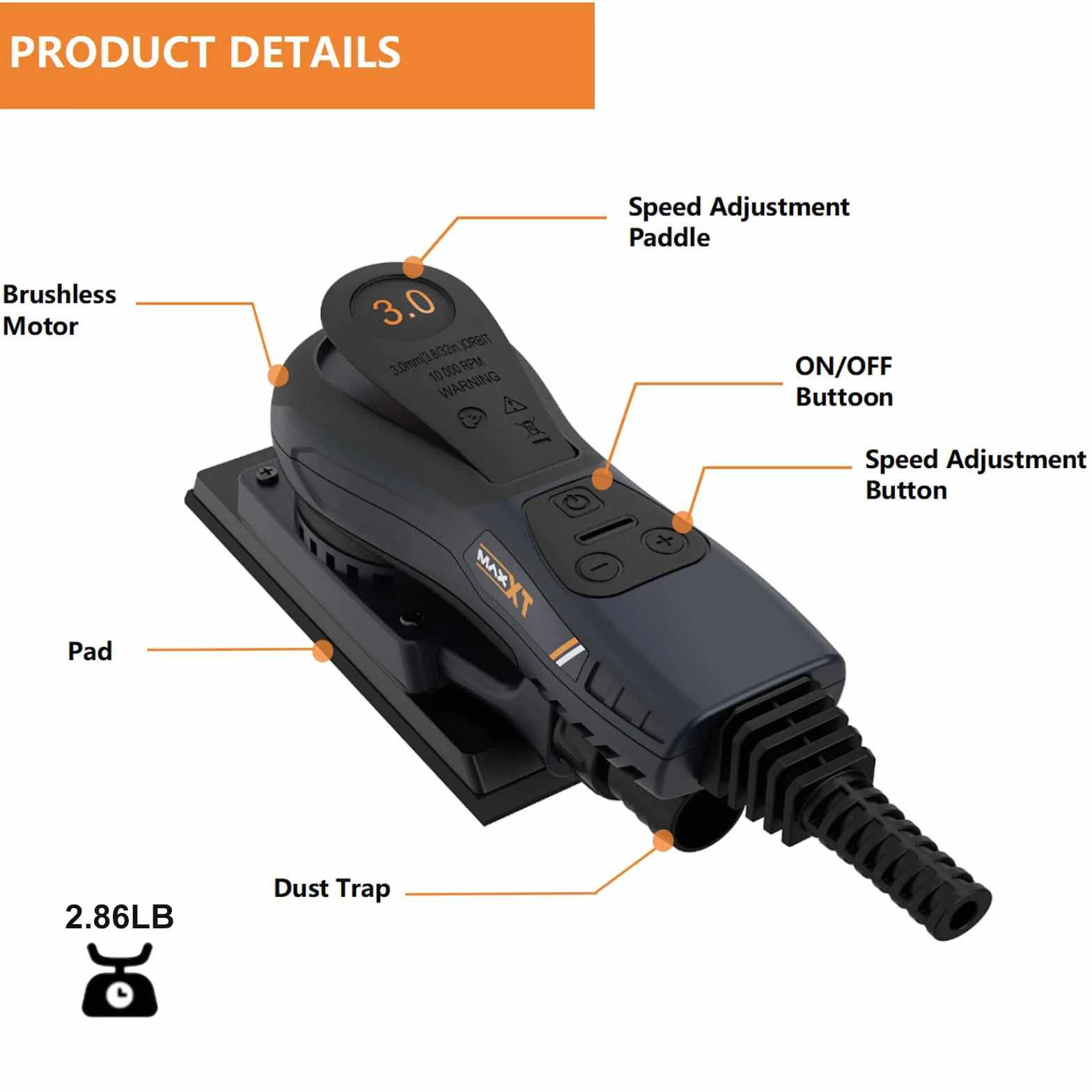MAXXT Elektryczna szlifierka oscylacyjna bezszczotkowa 350 W 3 mm 4000-10000 obr./min