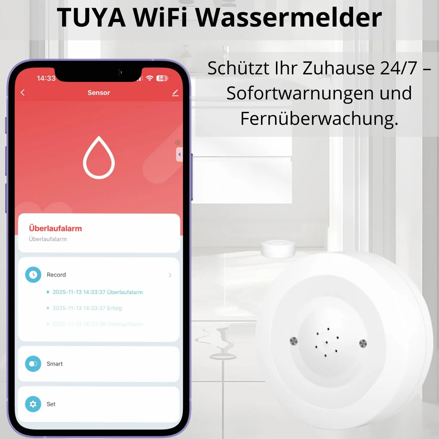 OKRĄGŁY CZUJNIK ZALANIA wycieku wody WIFI TUYA sensor z dwoma czujnikami