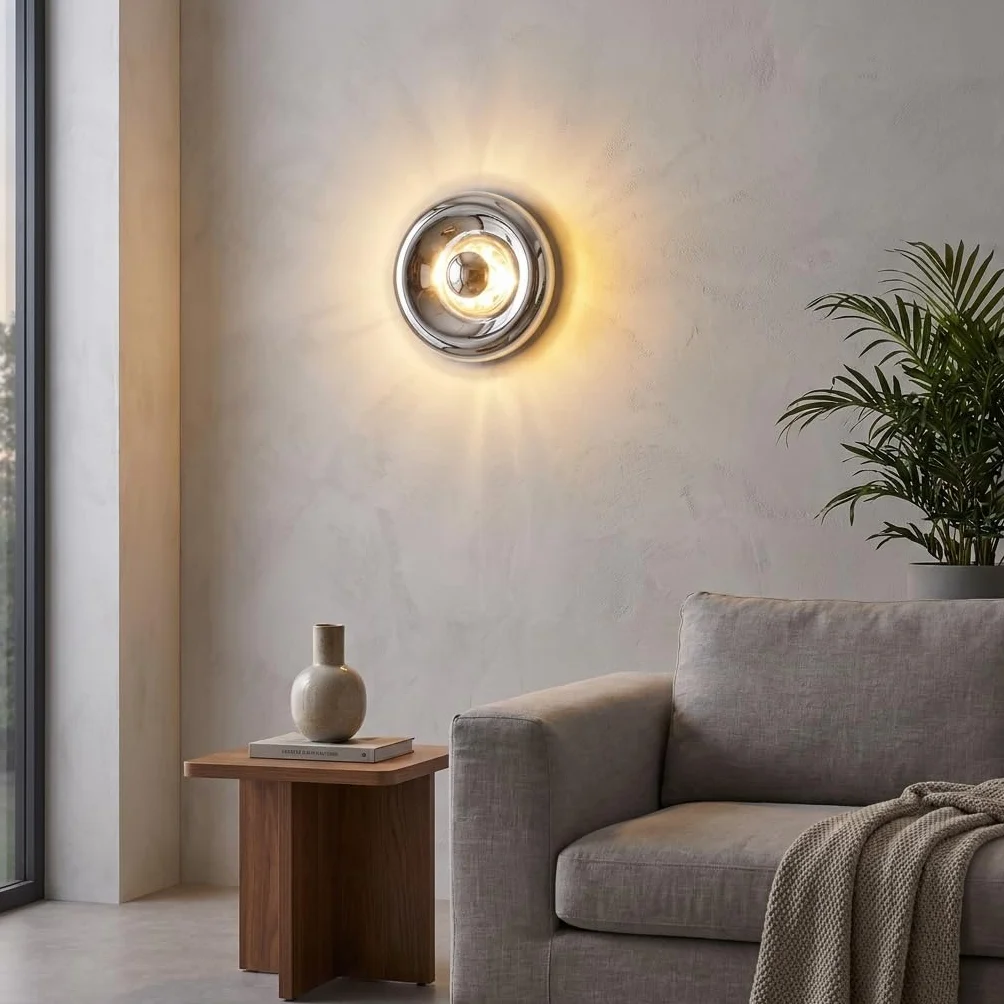 BARCELONA LED Okrągła Lampa Ścienna Chrom Szkło Ø30cm LIPS Pośrednie Oświetlenie E27 G45 Nowoczesny Kinkiet Wewnętrzny Efekt Lustra Dekoracyjny do Salonu Sypialni Korytarza Hotel Premium