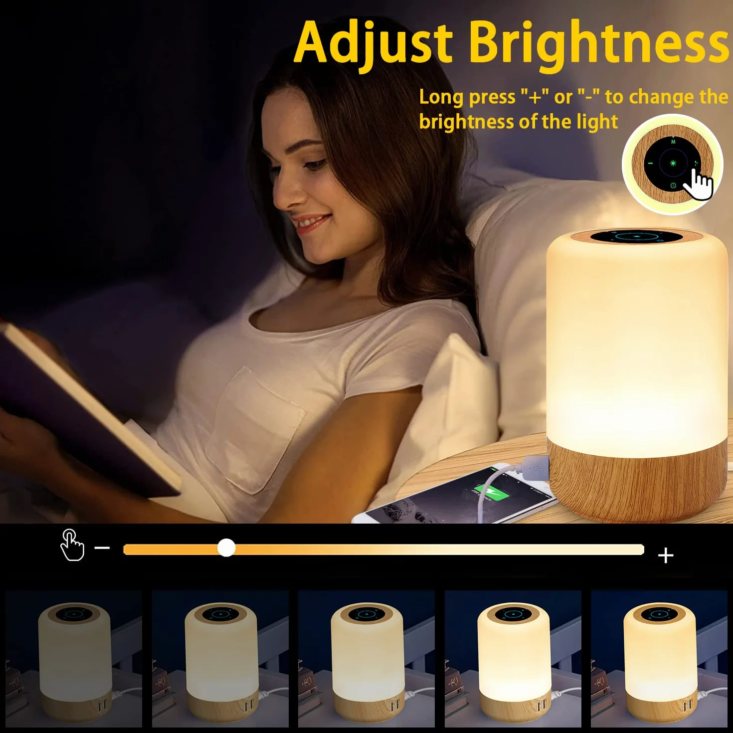 Lampka Nocna LED Dotykowa Ściemniana 4 Porty USB-A 8 Kolorów 10 Poziomów Jasności Lampa Stołowa do Sypialni