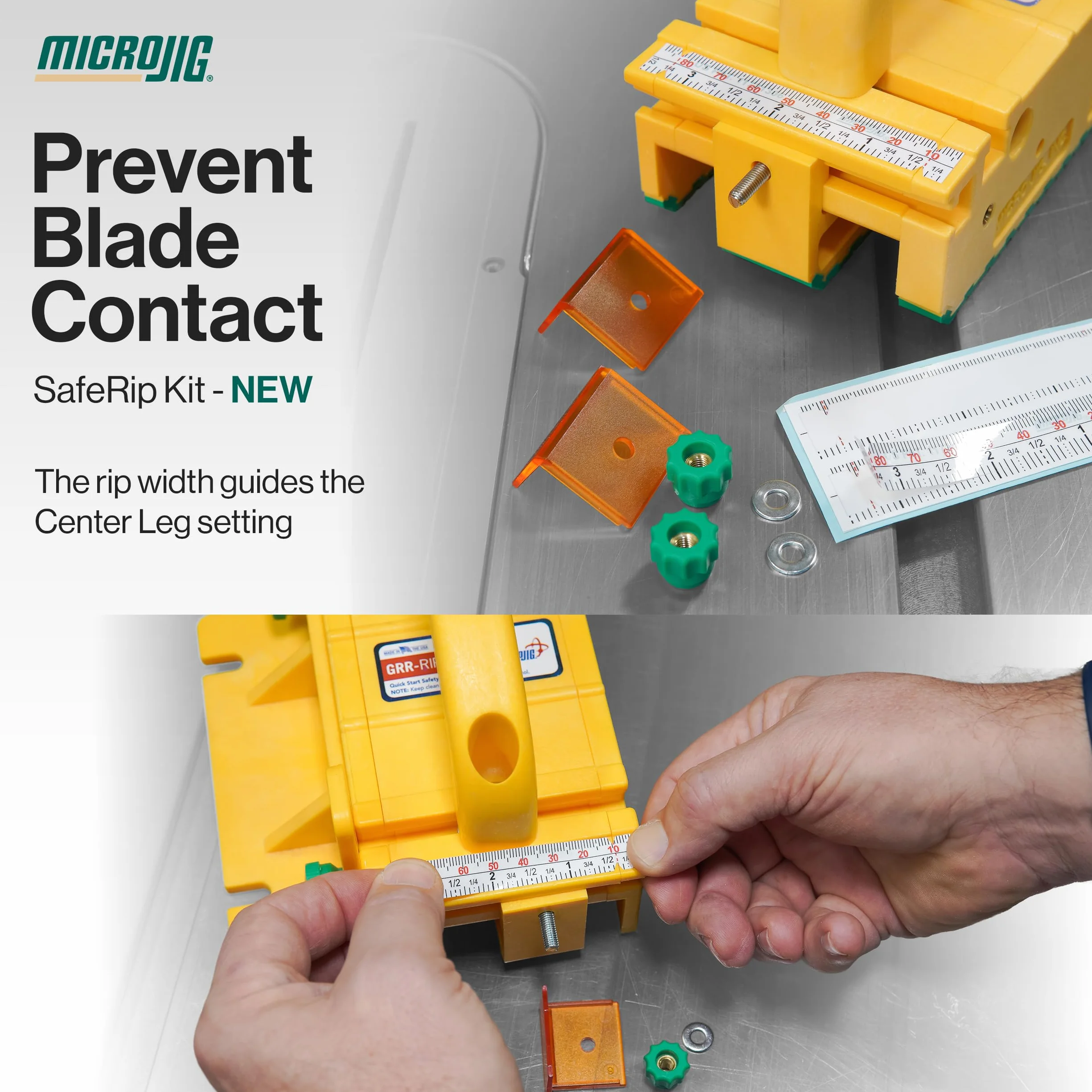 Microjig GRR-RIPPER+ SafeRip Kit Adjustable 3D Push Block for Table Saws Yellow/Green