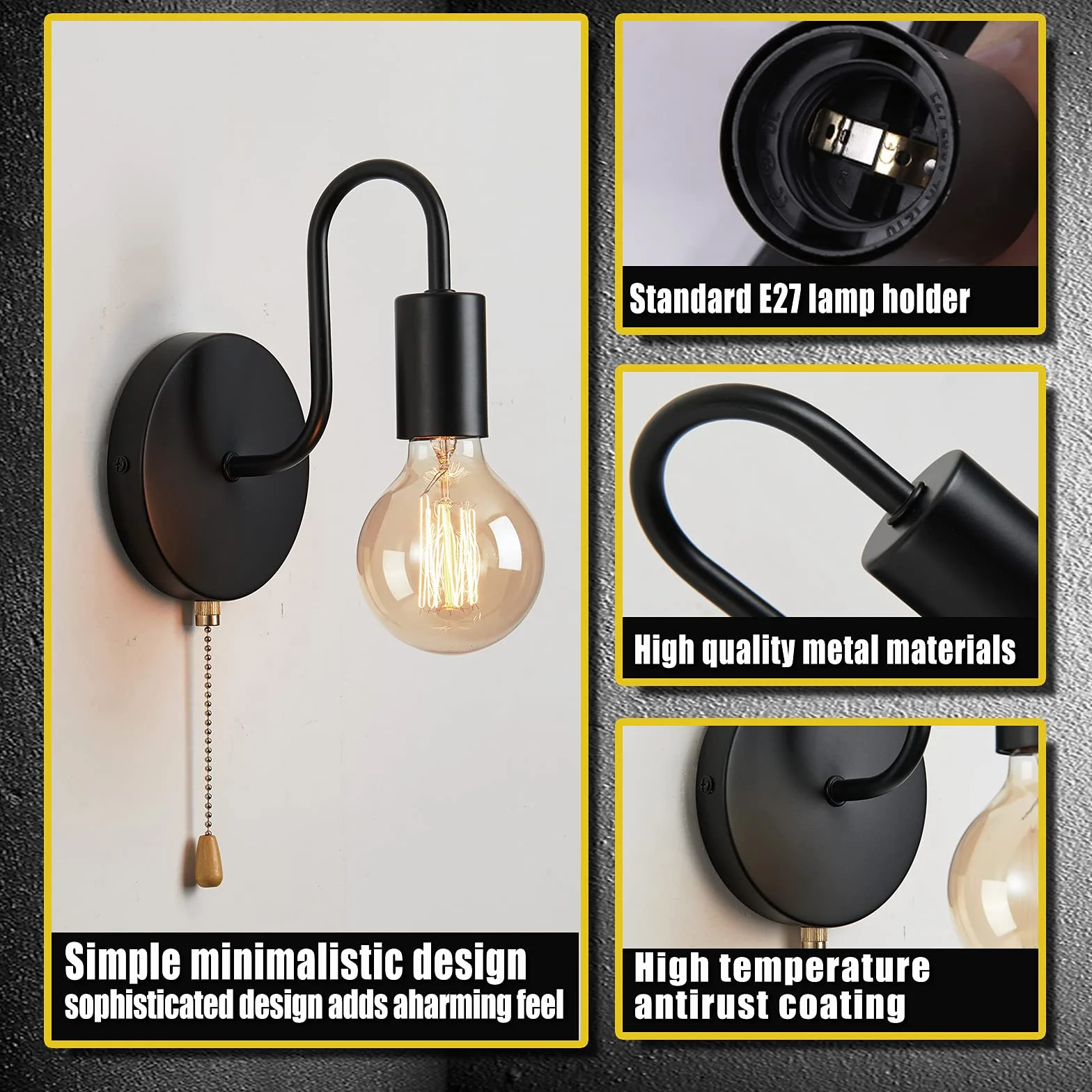 Lightess Lampa ścienna vintage E27 czarna metalowa industrialna retro z przełącznikiem