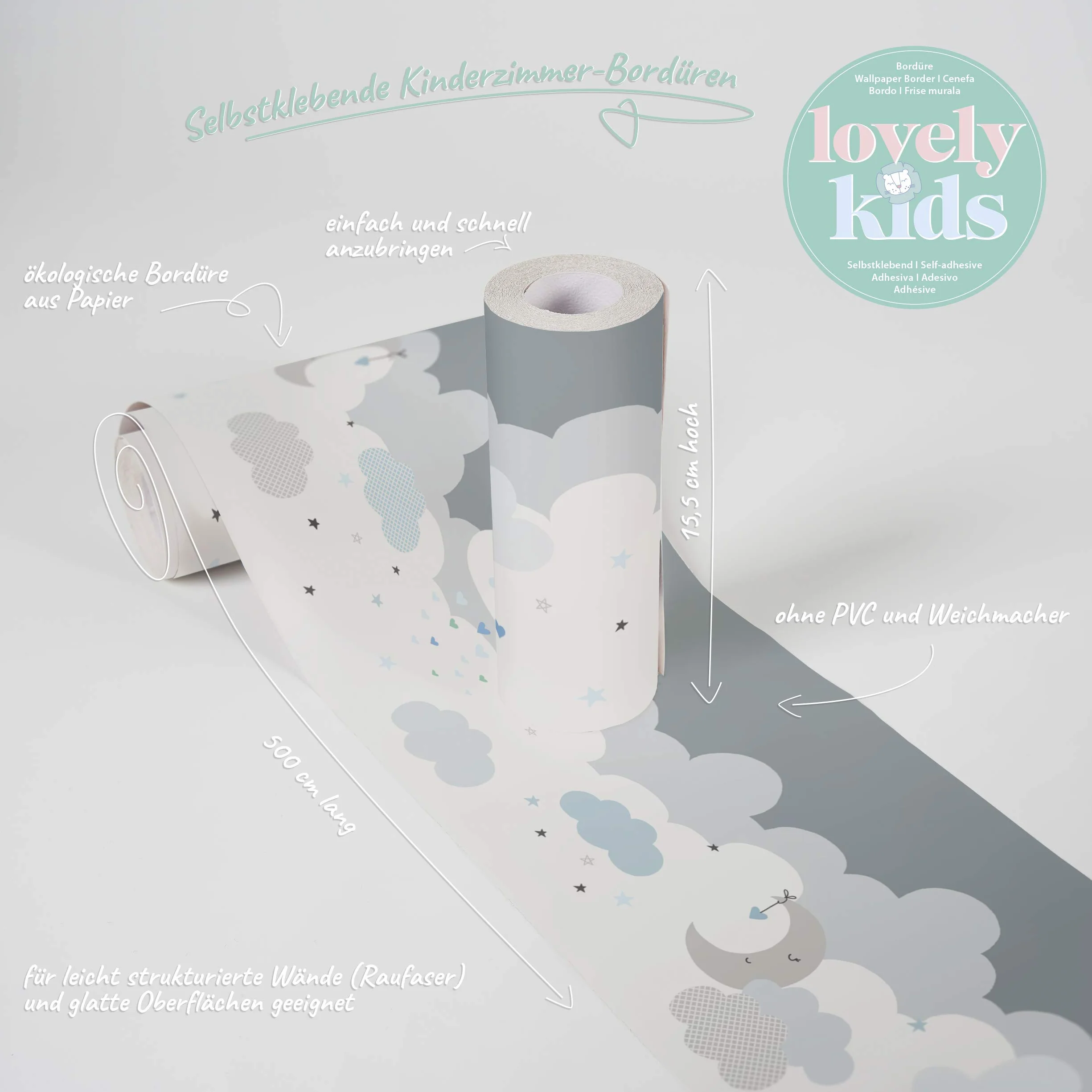 A.S. Création Dreamy Sky selbstklebende Wandbordüre mit Wolken für Baby- und Kinderzimmer, weiß hellgrau hellblau