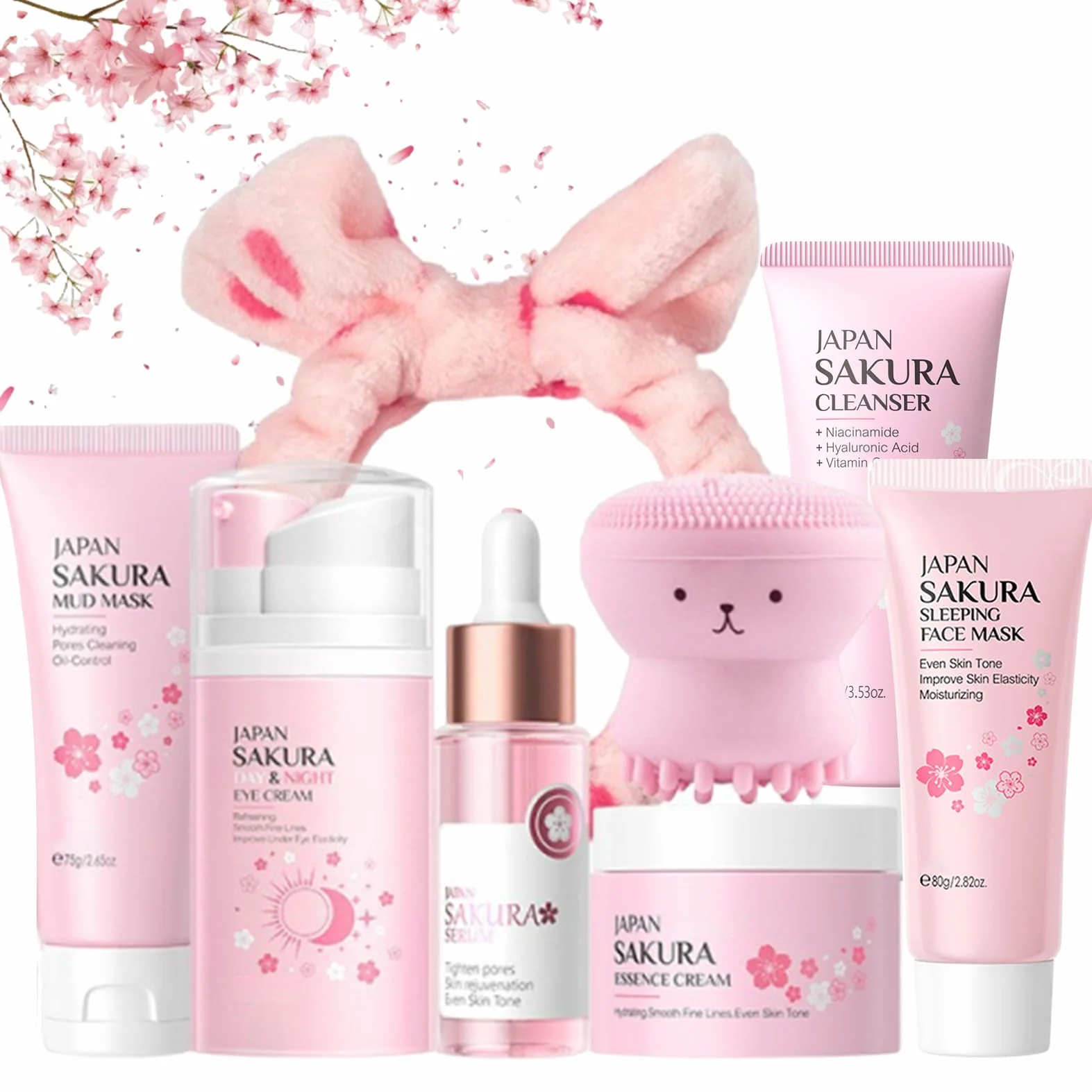 Japan Sakura zestaw do pielęgnacji skóry dla nastolatek i dziewcząt – Sakura Skin Care, zestaw do pielęgnacji twarzy, nawilżający zestaw upominkowy dla kobiet – z maską błotną, serum, kremem, kremem