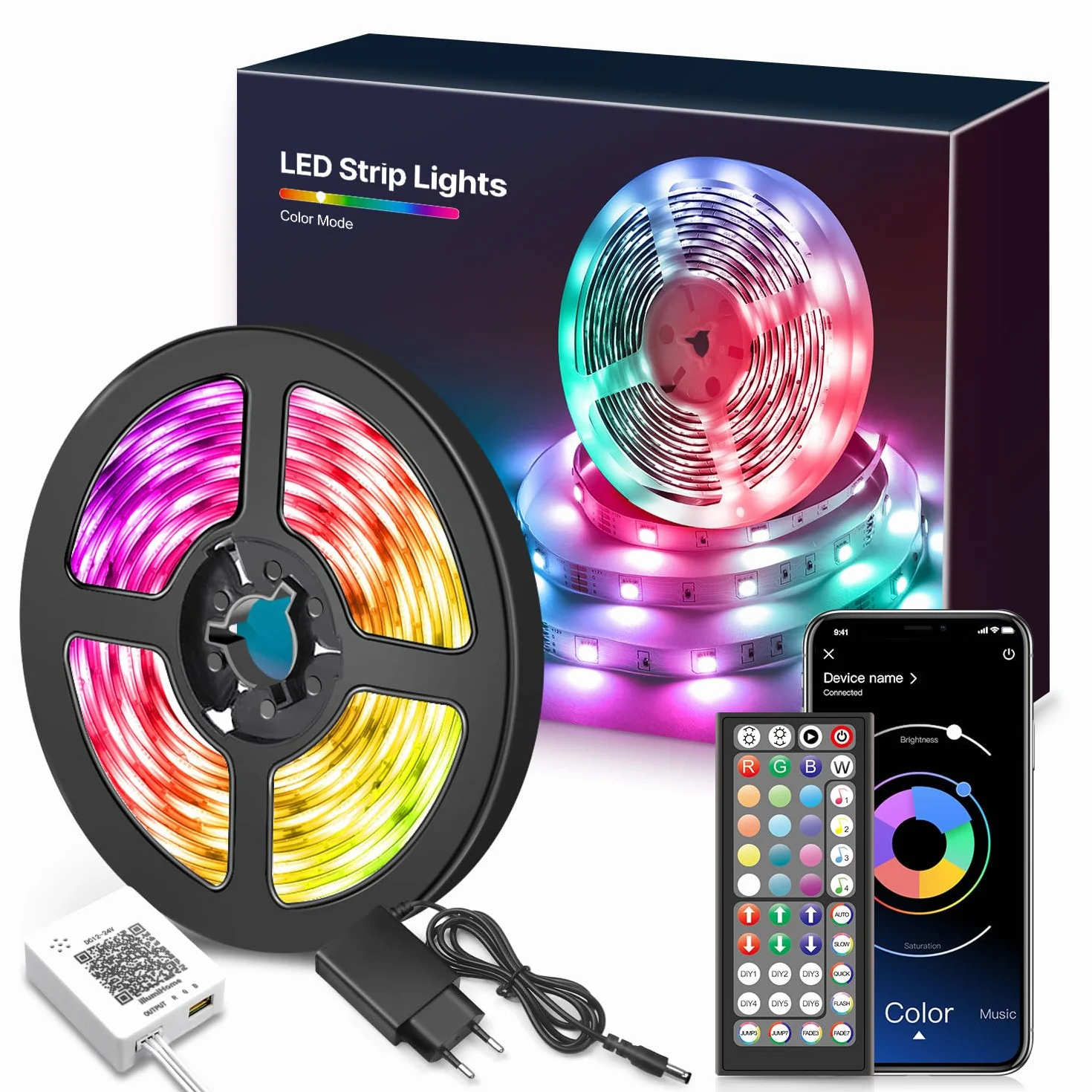 Taśma LED Bluetooth RGB 15 m z pilotem i aplikacją, synchronizacja z muzyką, 16 mln kolorów