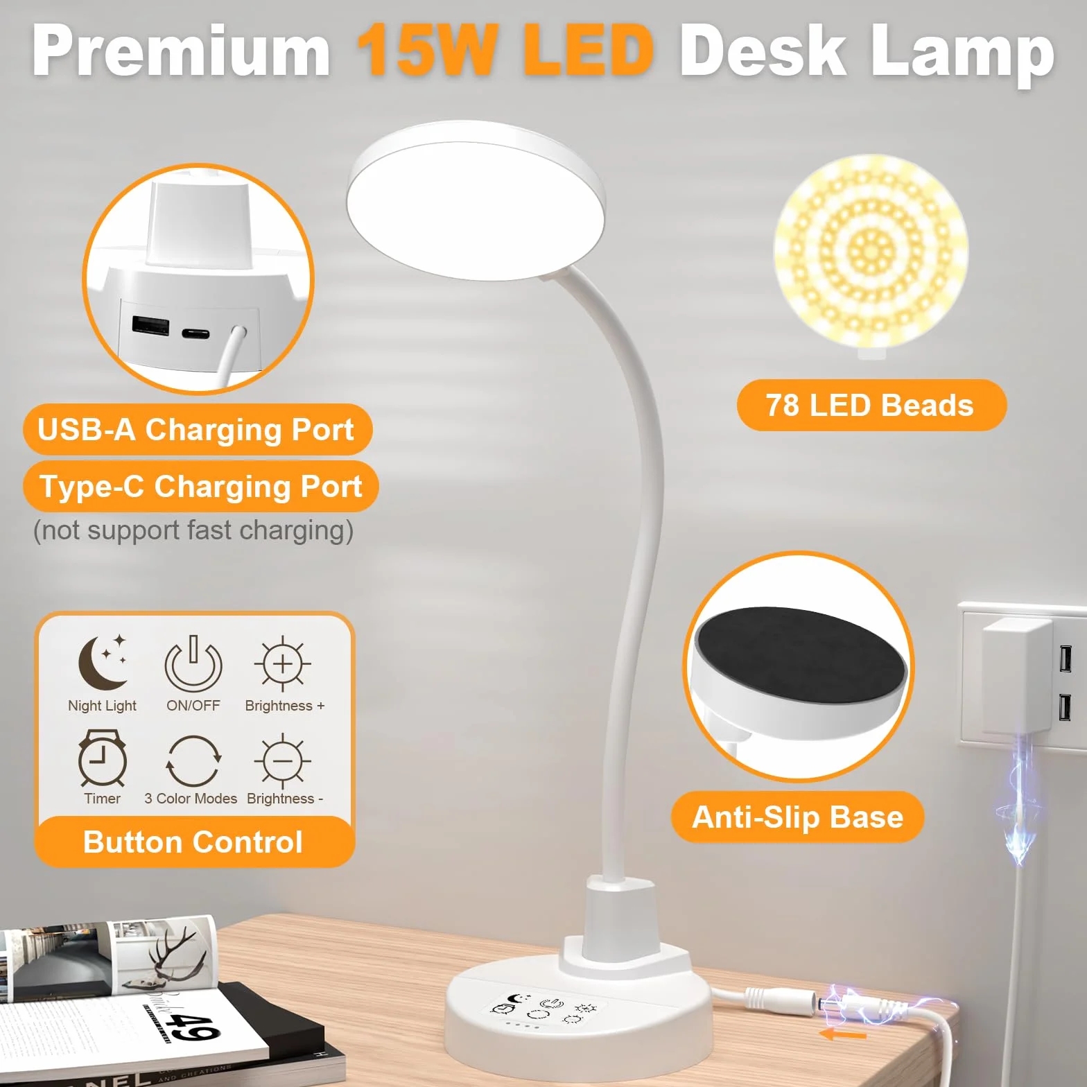 Lampa biurkowa LED 78 LED z portami USB, ściemniana, 3 temperatury kolorów, 5 jasności, 4 timery, elastyczne ramię 15 W, przyjazna dla oka lampka do czytania