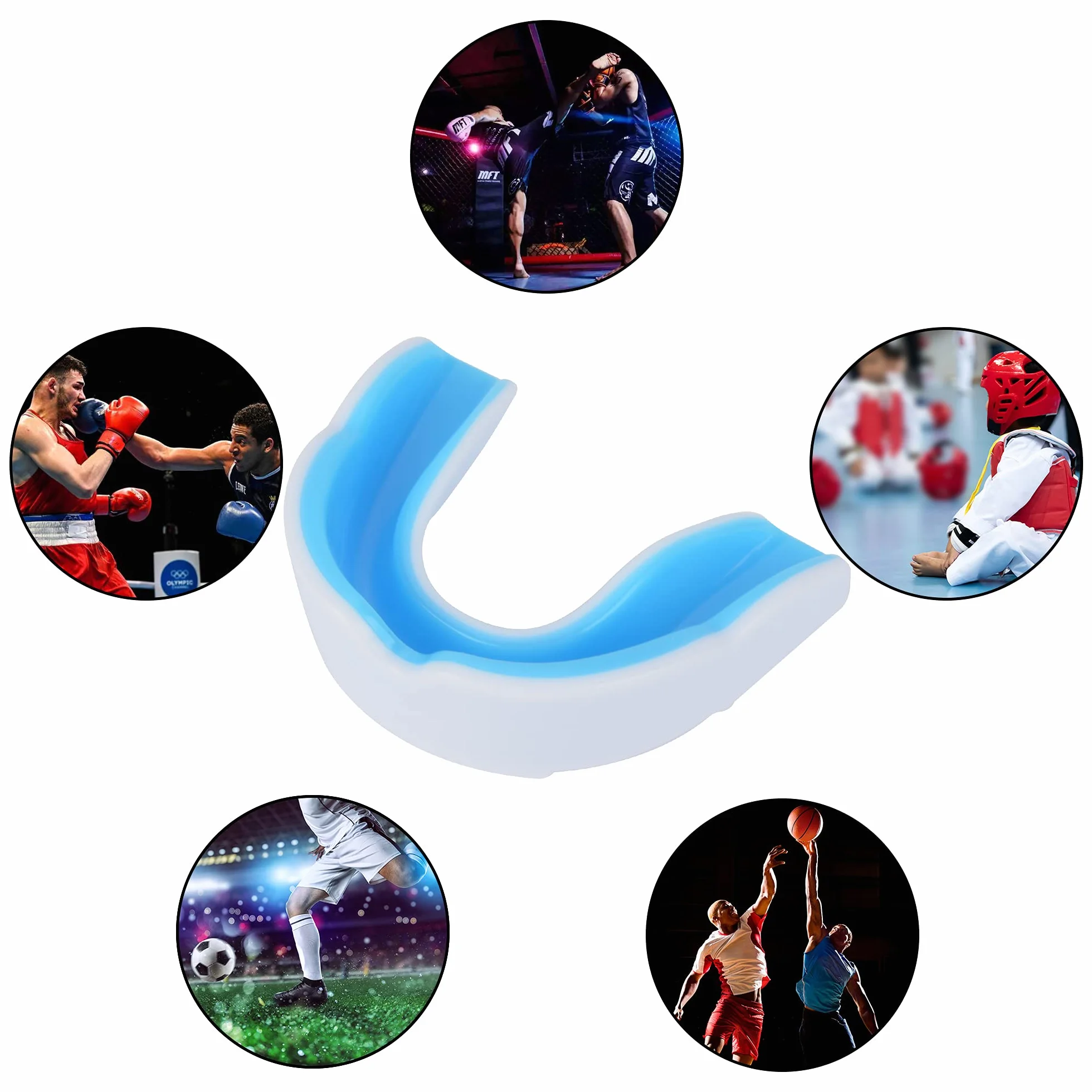 Ochraniacz na usta, ochraniacz na zęby dla dorosłych i juniorów z etui, dopasowany profesjonalny ochraniacz na zęby do piłki nożnej, boksu, MMA, rugby, sztuk walki, judo, karate, hokeja, zapasy (biało-niebieski)