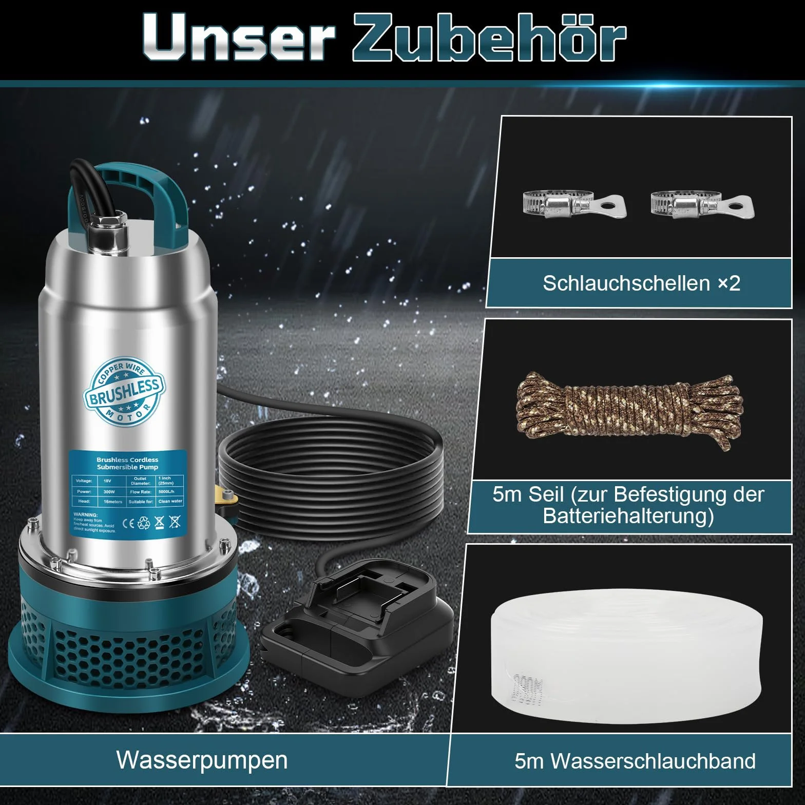Pompa zanurzeniowa kompatybilna z akumulatorem Makita 18V (bez baterii) – 5000L/H Bezprzewodowa pompa wodna z 10m wężem, 5m kablem połączeniowym – Idealna do basenu, łóżeczka wodnego, nawadniania