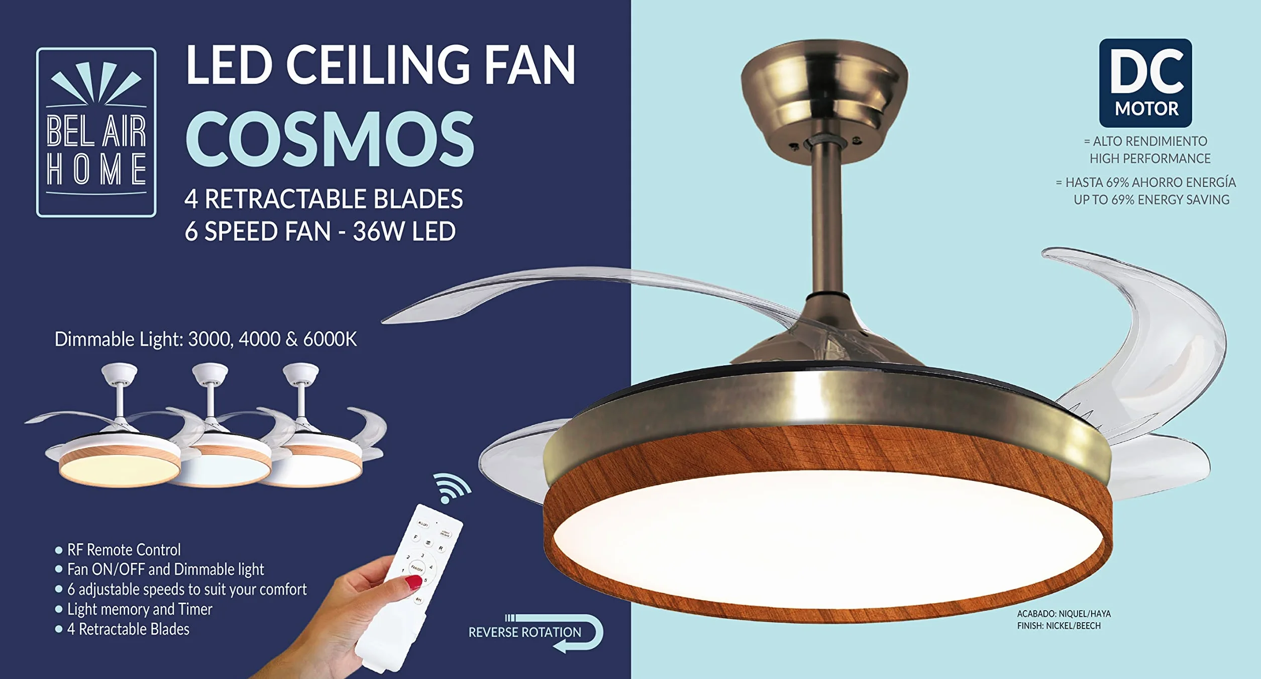 BEL AIR HOME - Wentylator Sufitowy COSMOS z Silnikiem DC i Wysuwanymi Łopatkami - 36W LED z 3 Temperaturami Światła - Sterowanie Pilotem, Tryb Zimowy, Cichy - Cuero Cerezo, Metal