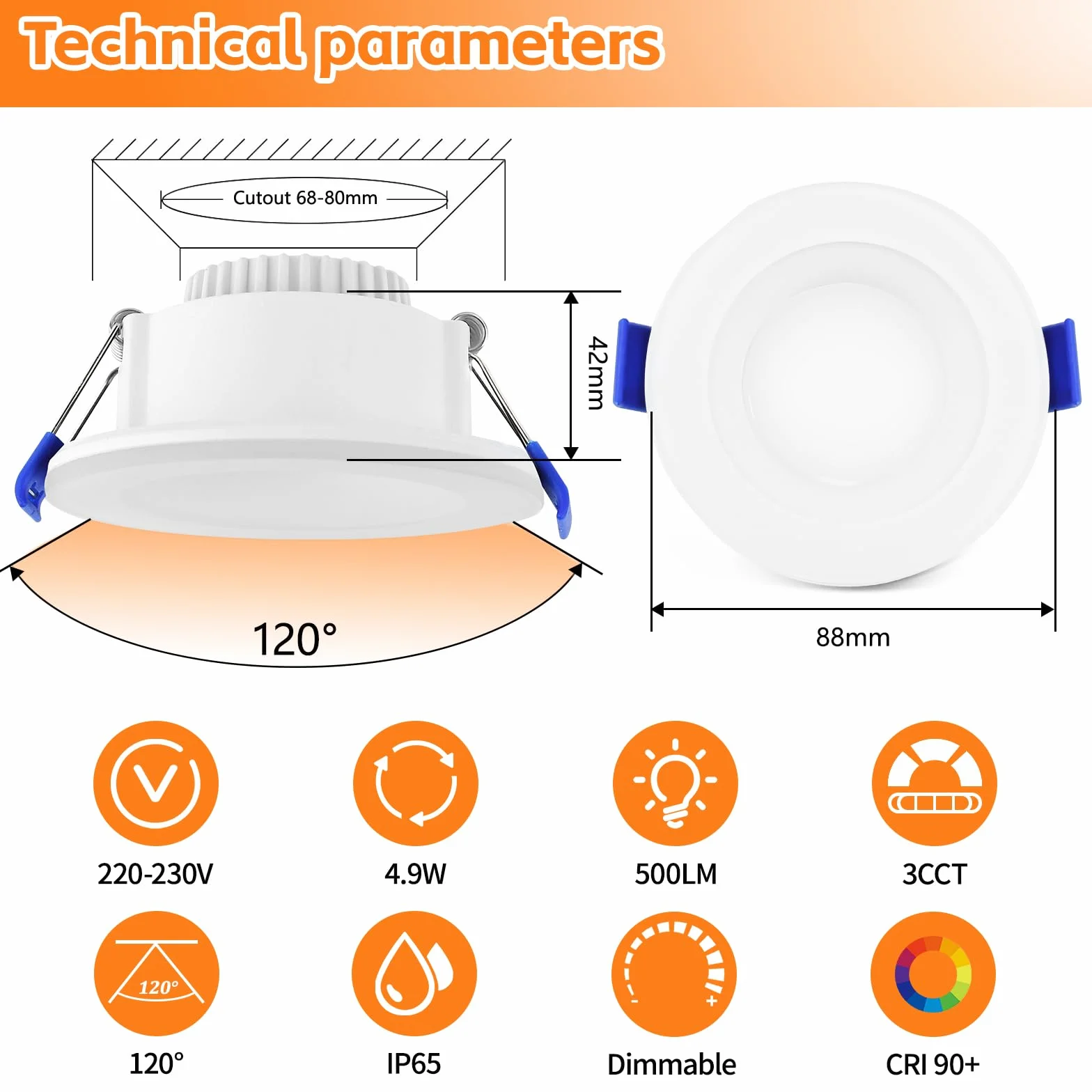 Reflektor LED do zabudowy ściemnialny 5 W IP65 68 mm 500 lm 3000 K 4000 K 6000 K wpuszczany łazienkowy