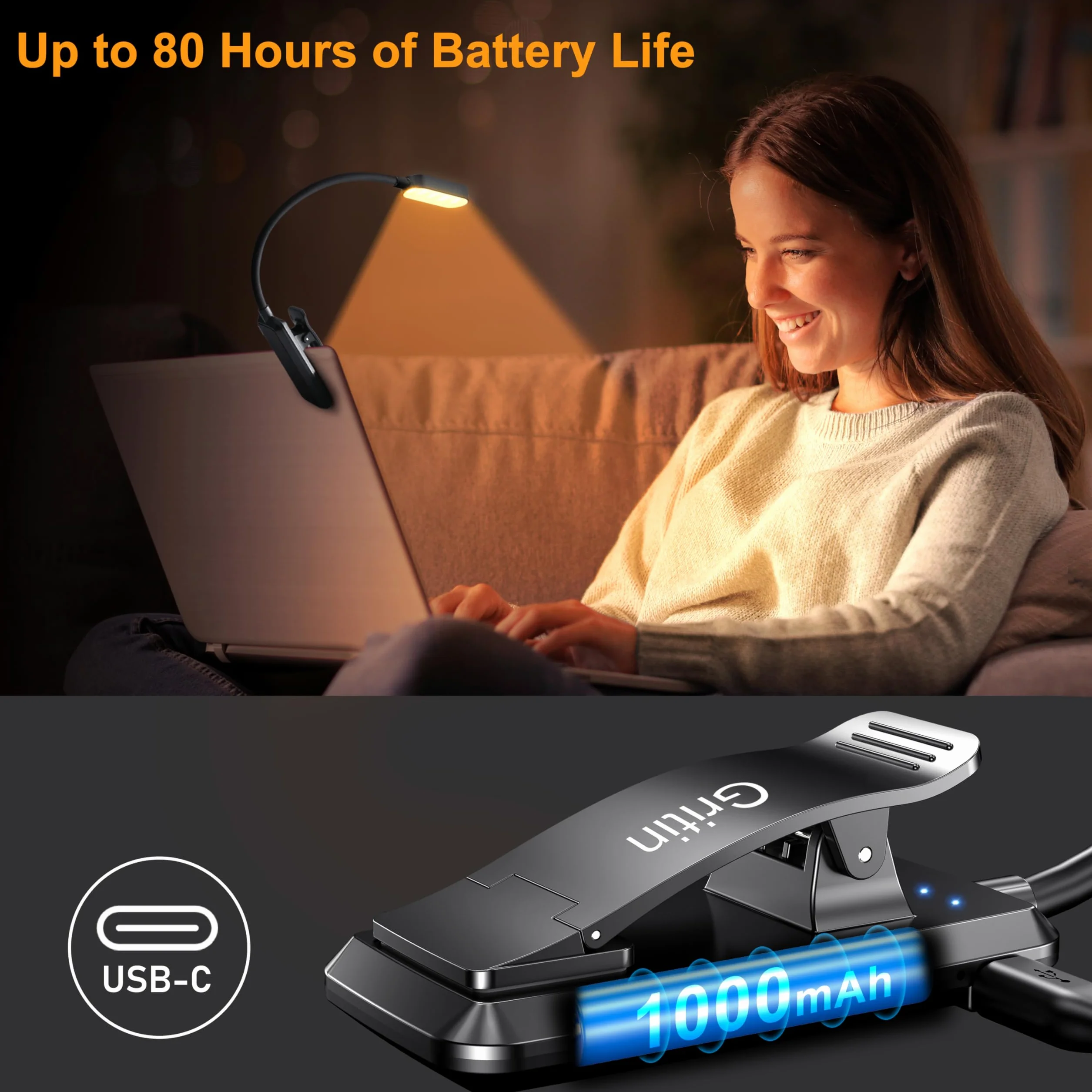 Gritin Lampka do Czytania 16 LED z Klipsem, 3 Tryby Ochrony Wzroku, Bezstopniowe Ściemnianie