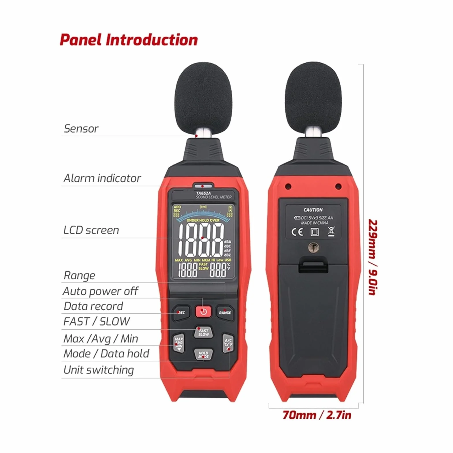 TA652A 30~130dB Noise Decibel Tester A/C Weighting Digital Sound Level Meter