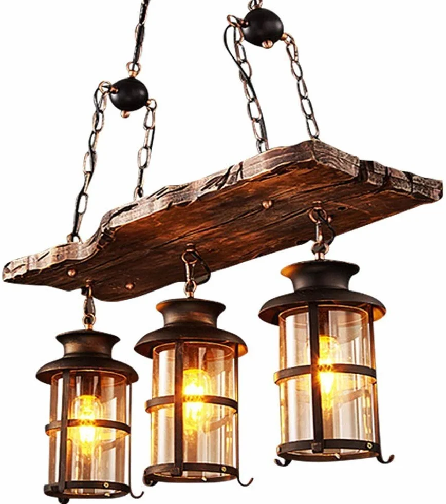 Lampa wisząca vintage E27, przemysłowa retro drewno czarna żelazo i szkło, klosz loft z regulacją wysokości