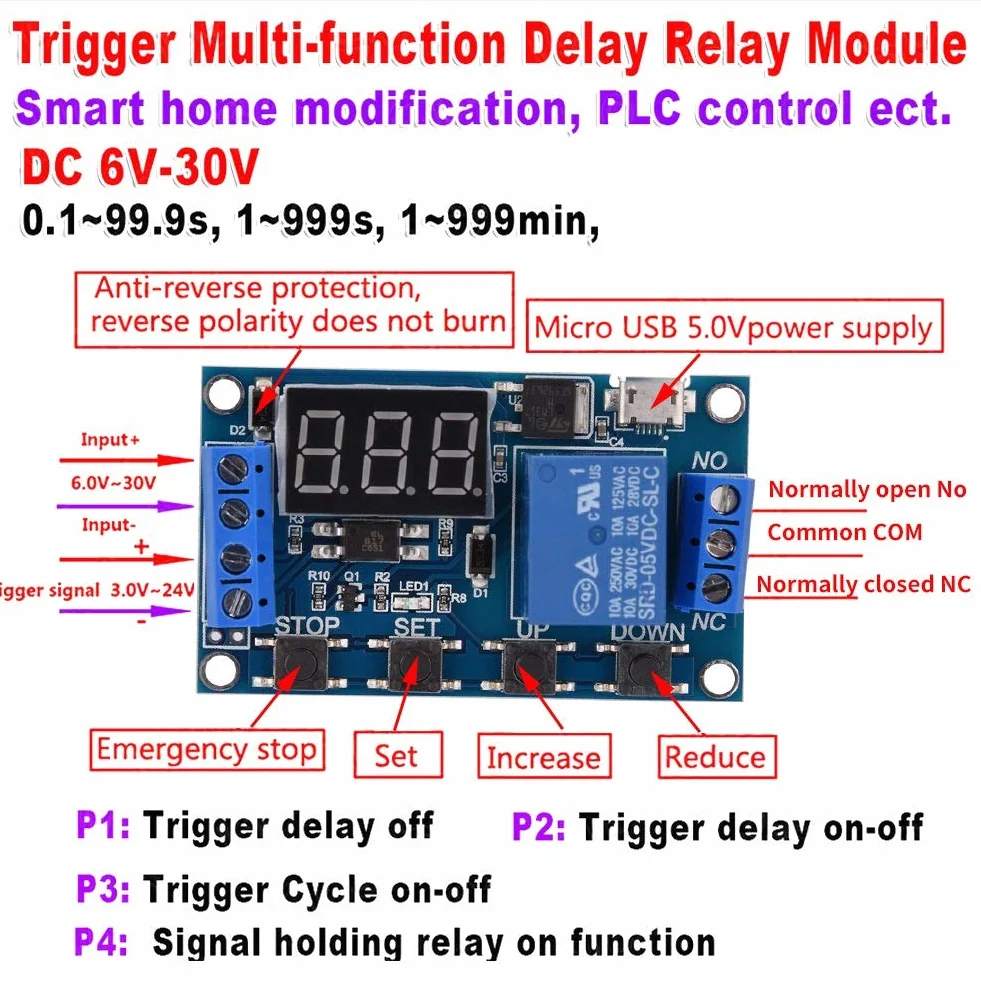 DEWIN Przekaźnik czasowy DC 6 V-30 V opóźnienie włączania/wyłączania timer LED micro USB 5 V