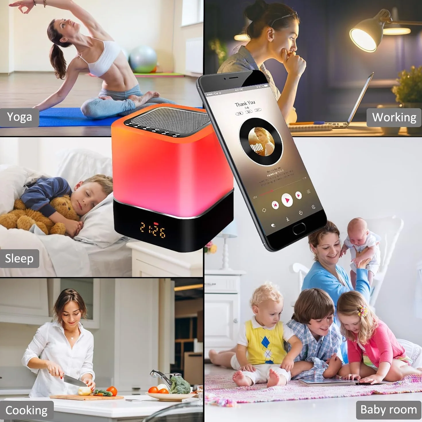 Głośnik Bluetooth ze światłem 5 w 1, lampka nocna dotykowa ściemniana, budzik, zmiana kolorów, przenośny głośnik, lampa stołowa