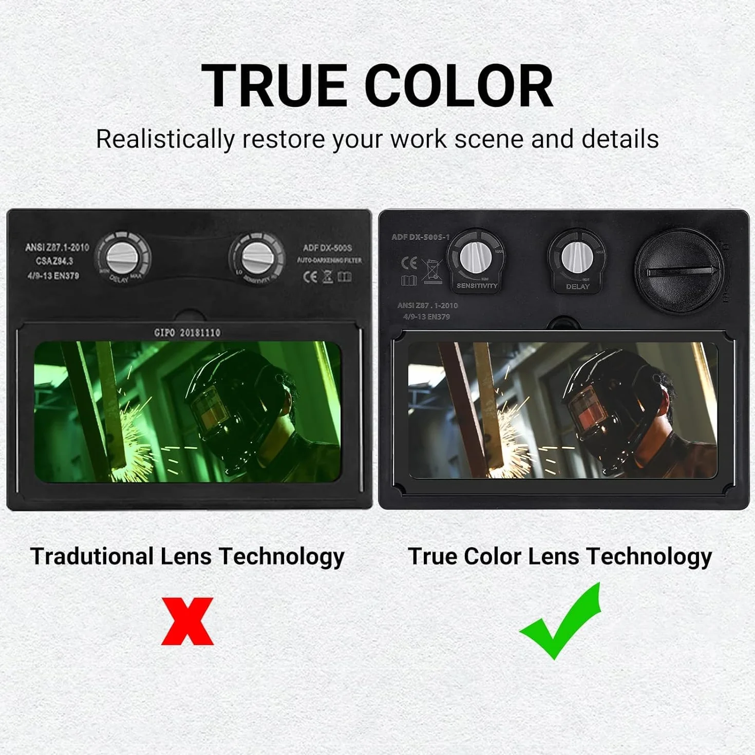 Kask spawalniczy automatyczny True-Color zasilany energią słoneczną: DEKO kask spawalniczy do samochodu, maska spawalnicza do ARC MMA MIG TIG, parasol spawalniczy DIN 4/9-13, klasa optyczna 1/1/1/2