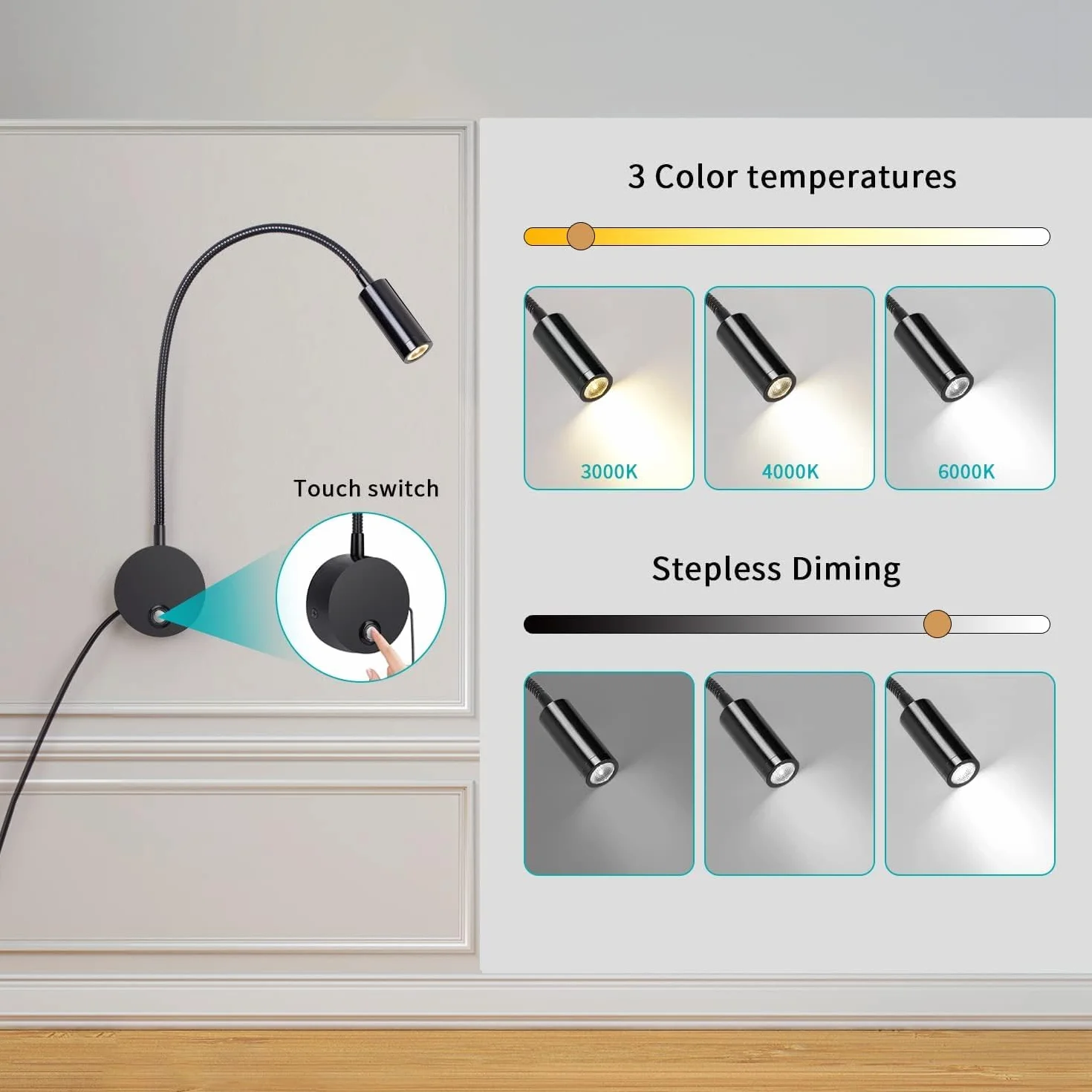 ERWEY Lampa ścienna LED z przełącznikiem dotykowym, ściemniana, USB, 360°, czarny