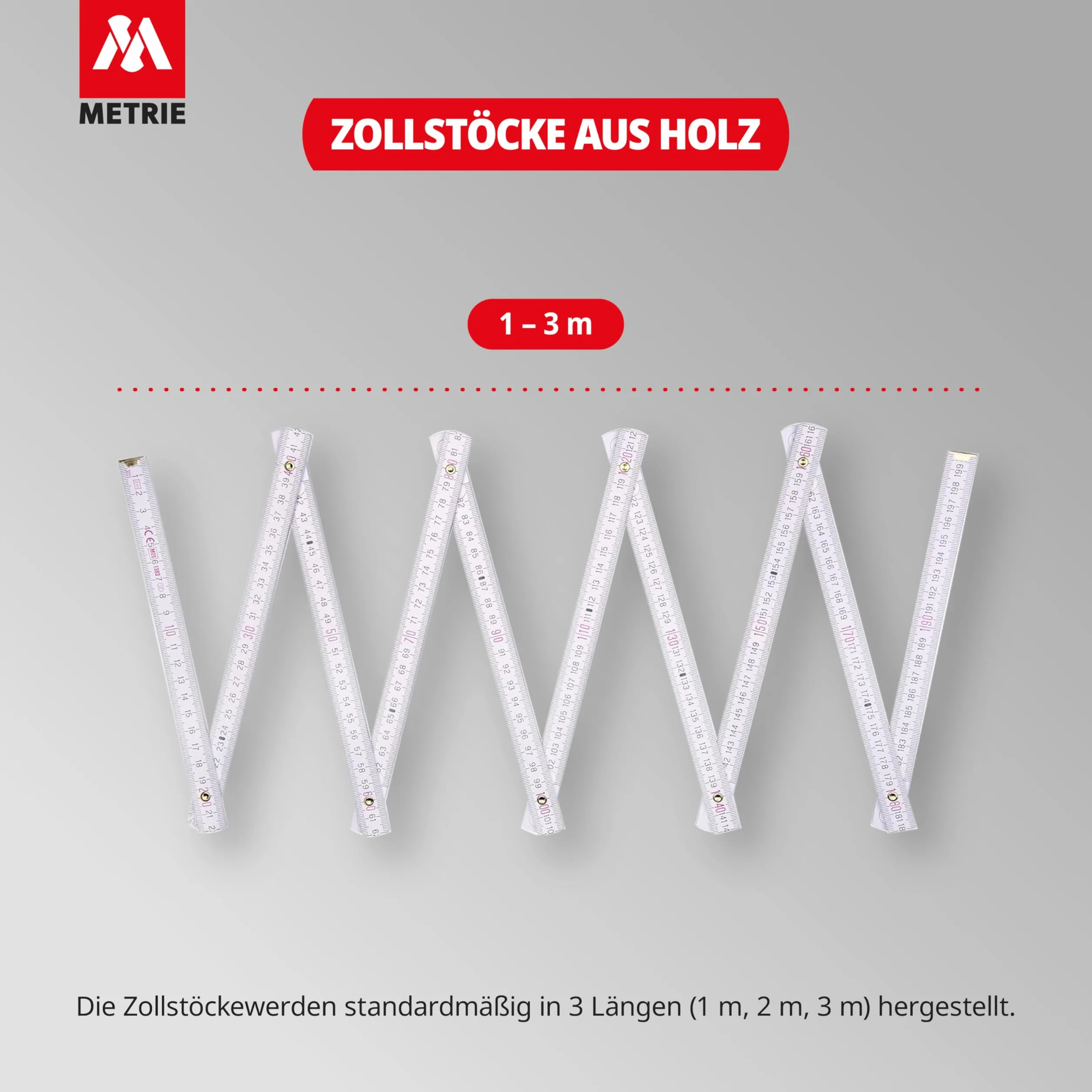 Metrie BLOCK72 Holz Zollstock 2m Gliedermaßstab mit Duplex-Teilung Weiß
