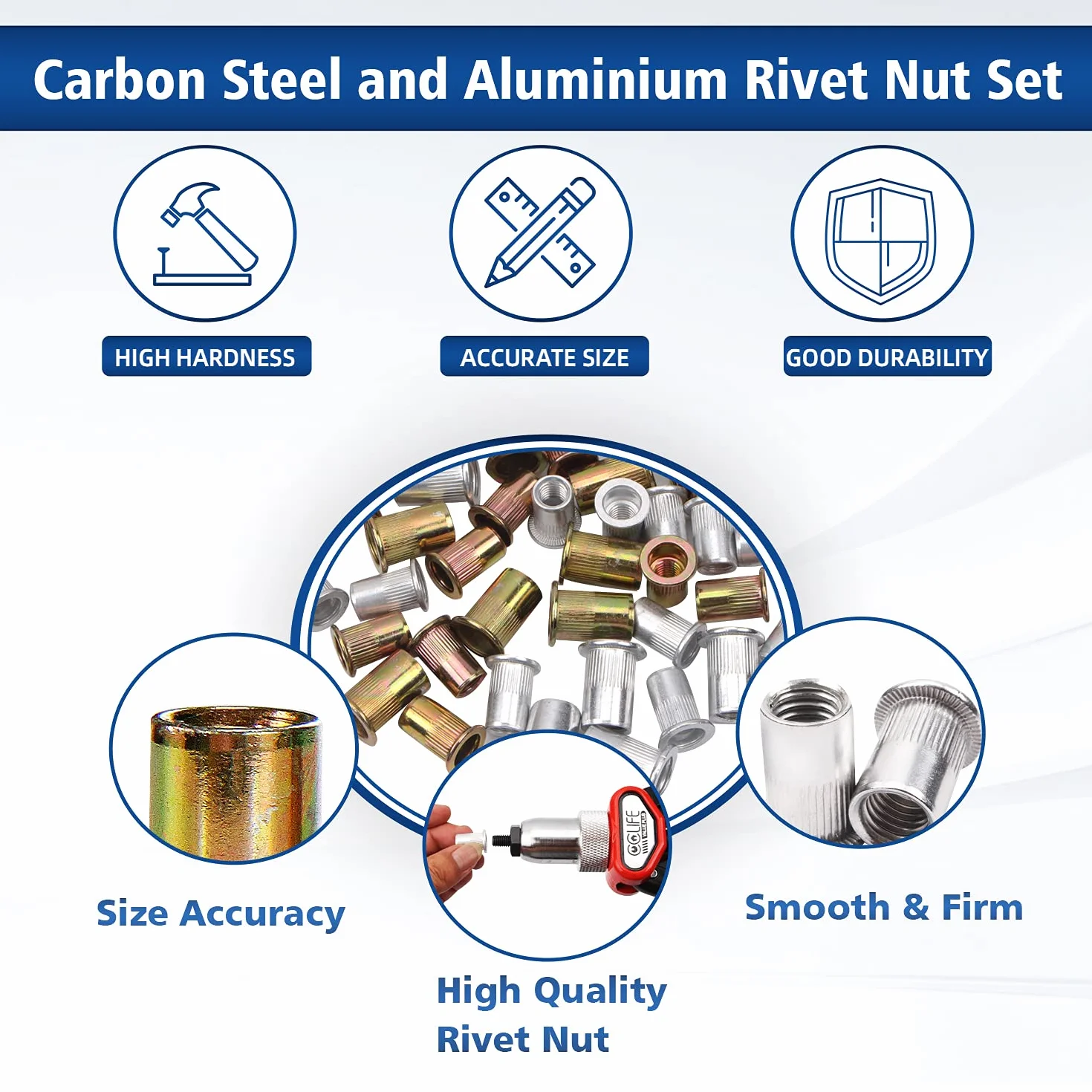 CCLIFE 500-częściowy zestaw nakrętek nitonakrętek M3 M4 M5 M6 M8 M10 aluminiowe ocynkowane stalowe