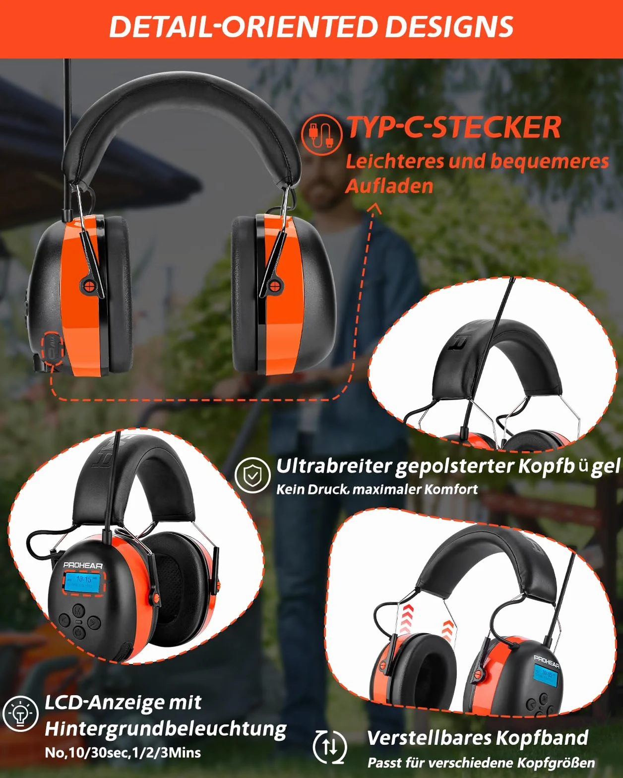 PROHEAR 033A Nauszniki z radiem DAB+ Bluetooth FM, słuchawki z redukcją hałasu SNR 31 dB