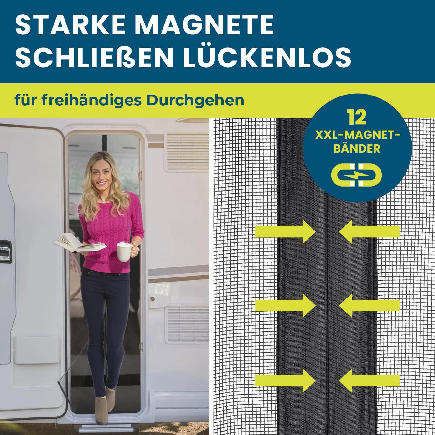 Hoberg Zasłona chroniąca przed owadami do wózka kempingowego 60 x 180 cm moskitiera na drzwi z taśmami magnetycznymi XXL