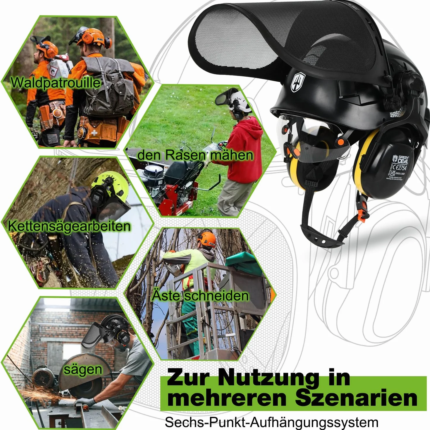 GREEN DEVIL Kask ochronny do piły łańcuchowej EN397 5 w 1 z osłoną twarzy wizjer nauszniki wentylowany