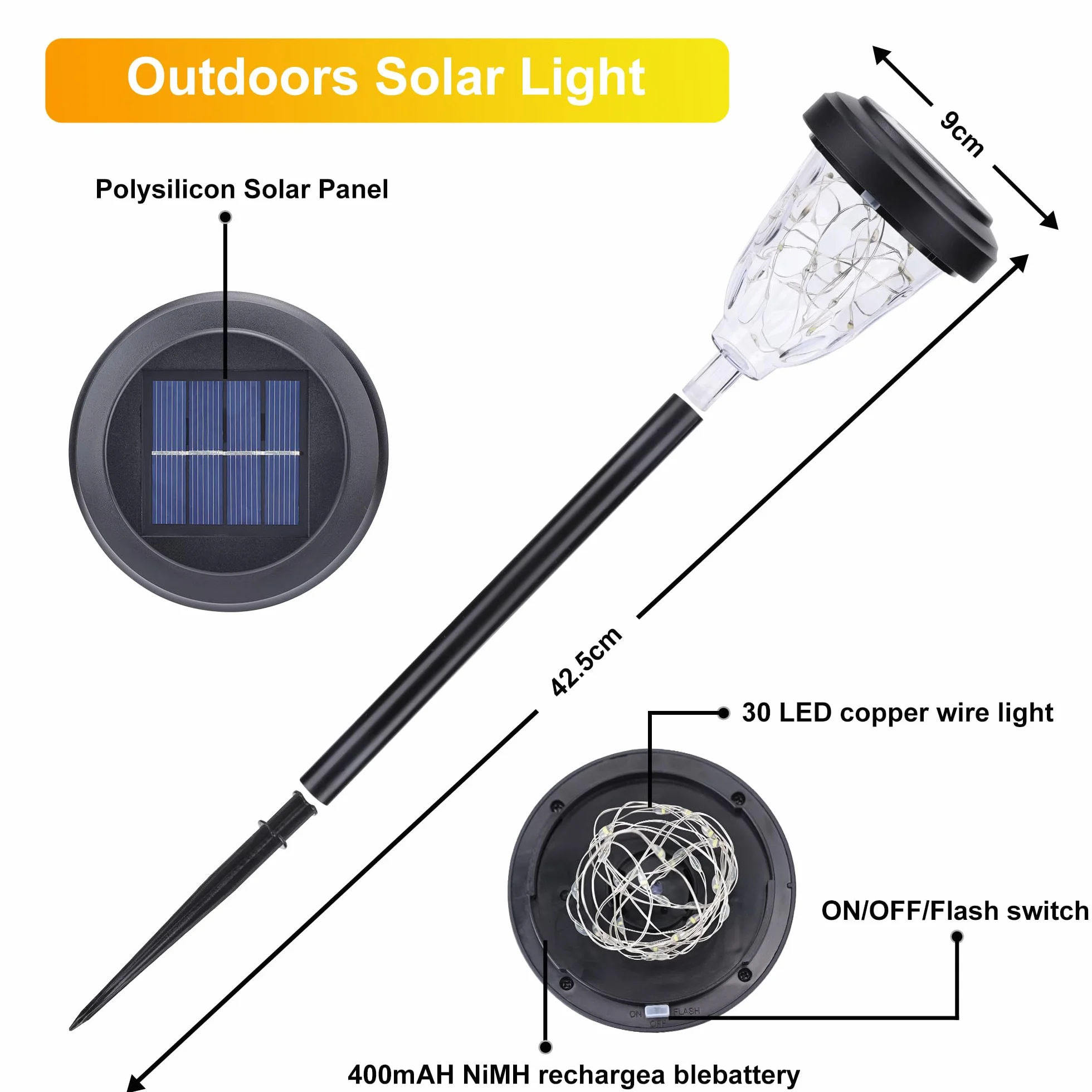 Lampy solarne ogrodowe 6 sztuk, zimna biel, IP65, dekoracja na balkon, trawnik, ścieżki