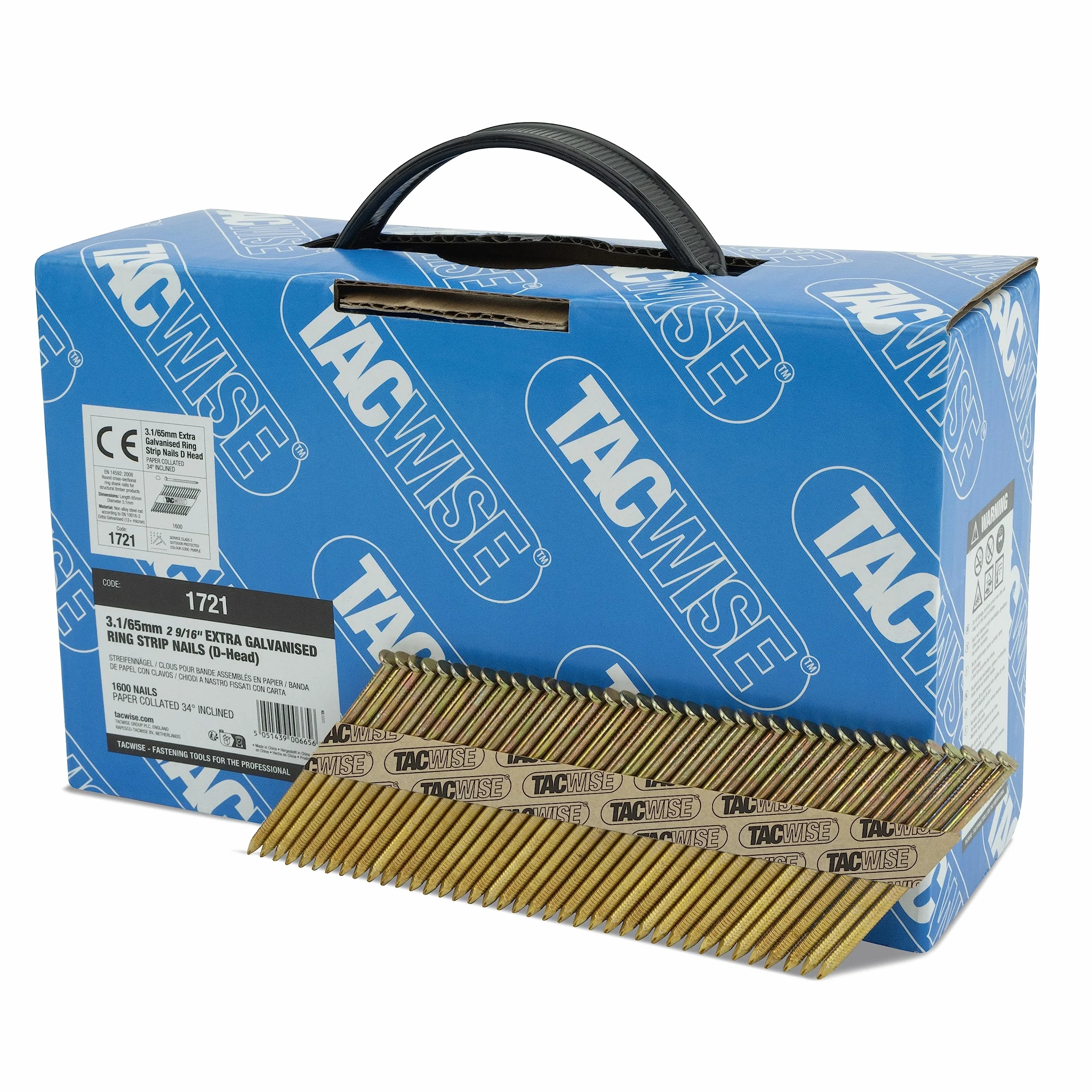 TACWISE 1721 Gwoździe do ramy 3,1/65 mm głowica D trzonek pierścieniowy nachylone 34° klejone papierem zestaw 1600 srebrny