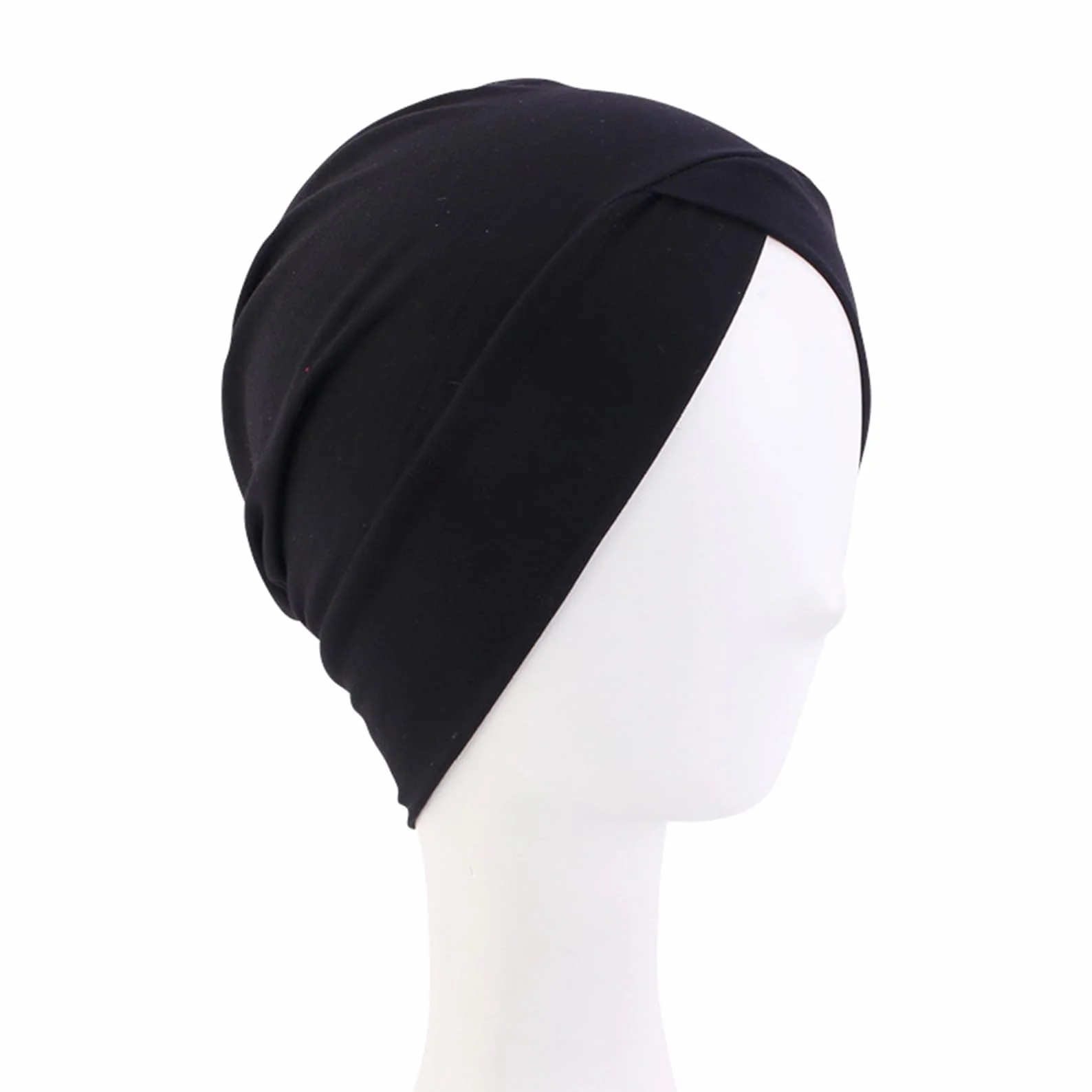 Czarny damski turban, jednokolorowy, regulowany kolor, turban z plisowanego materiału, elastyczny kaptur crossover, okrągły kapelusz turbanowy, dla kobiet, długie, krótkie włosy