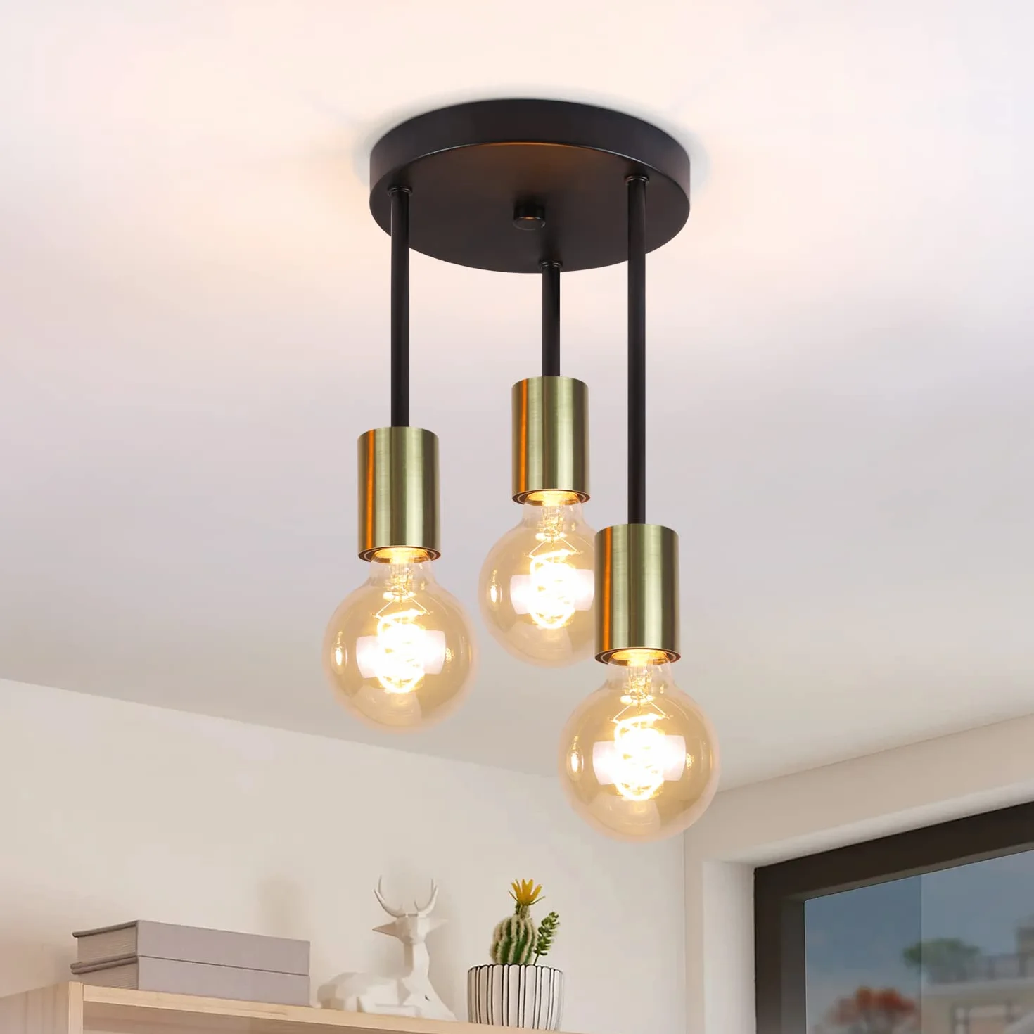 Vintage E27 3-punktowa lampa sufitowa wisząca czarno-złota z reflektorami Nowoczesny żyrandol przemysłowy do jadalni