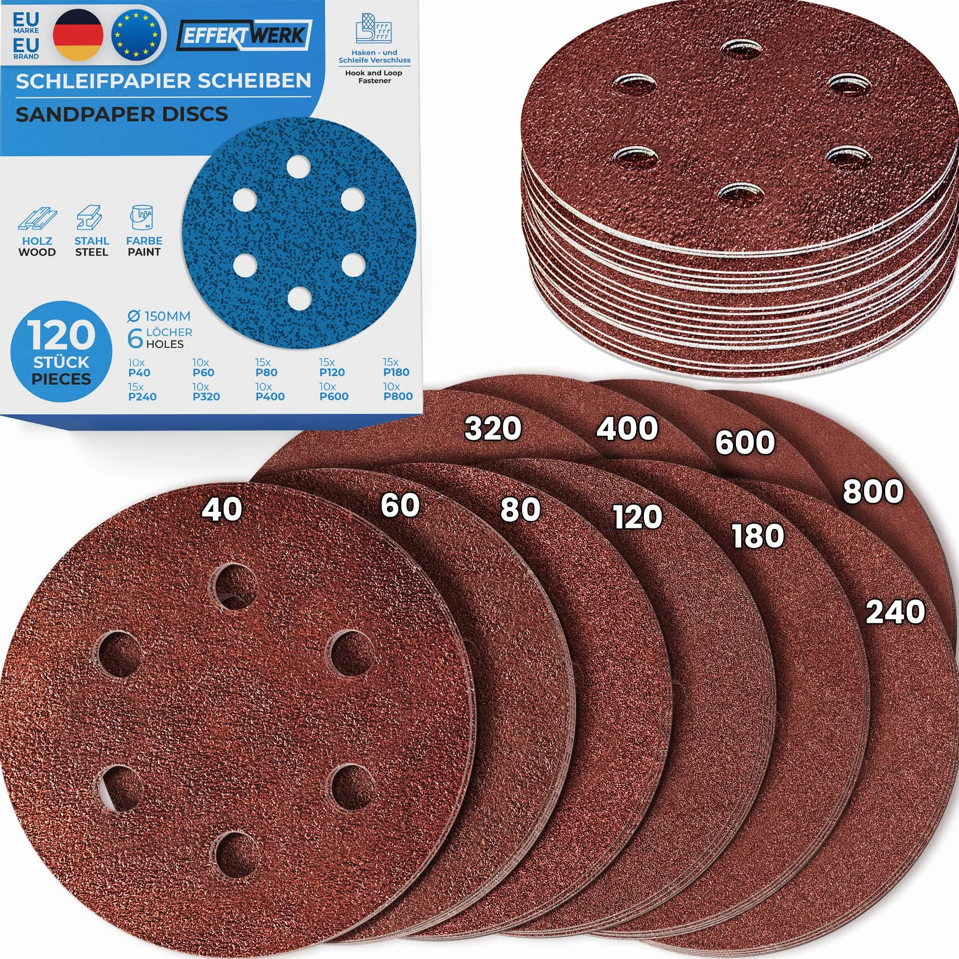 150mm Sanding Discs 120 Pack 6 Holes Sandpaper Multiple Grit Sizes 40-800