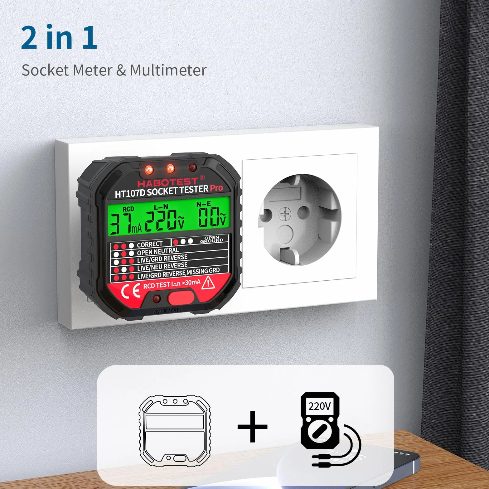 YOJOCK Tester gniazd, Tester Wtyczek RCD, tester napięcia elektrycznego z wyświetlaczem LCD, CAT.II 300V