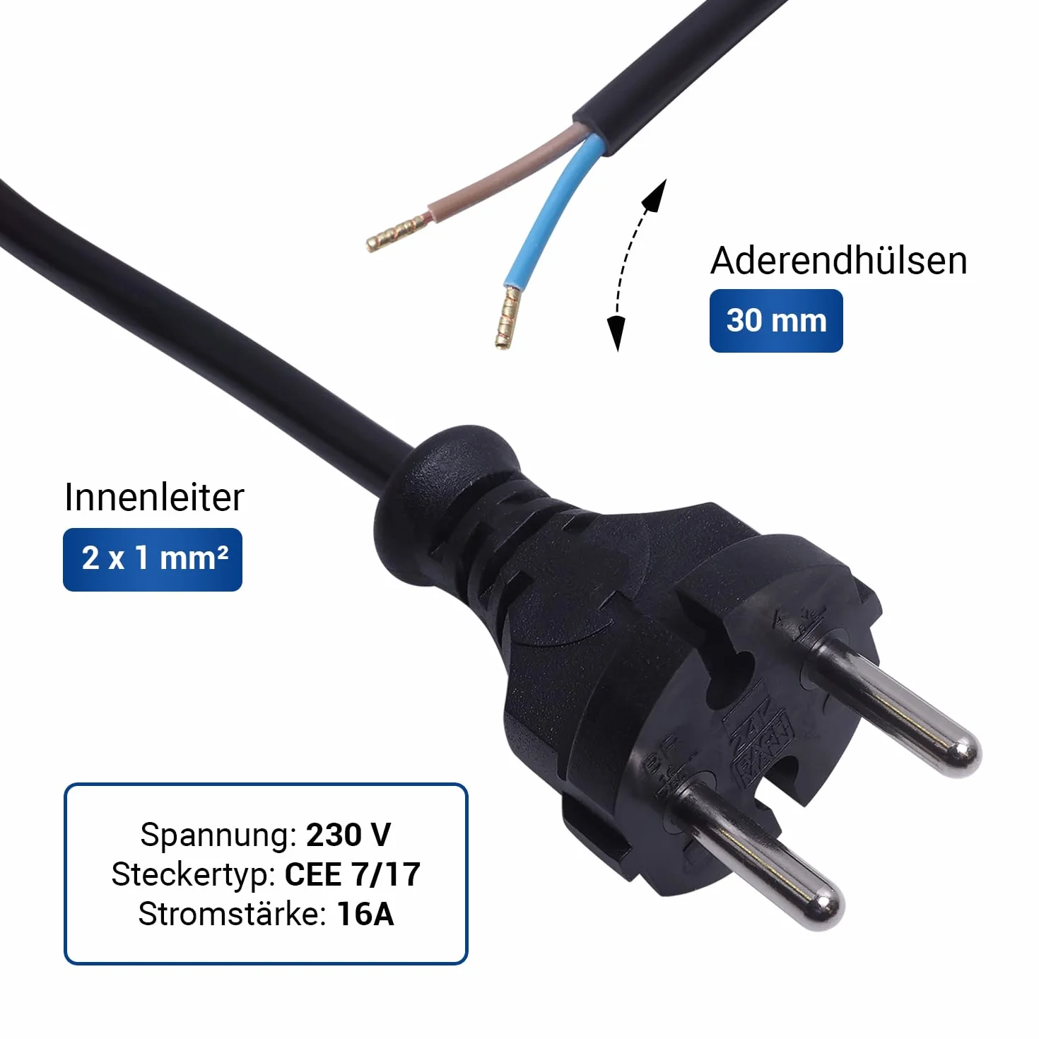 VIOKS Kabel przyłączeniowy do suszarki do włosów, 2 x 1 mm², 2 m, czarny, H05VV-F, 2-żyłowy kabel przyłączeniowy, kabel zasilający do suszarki do włosów