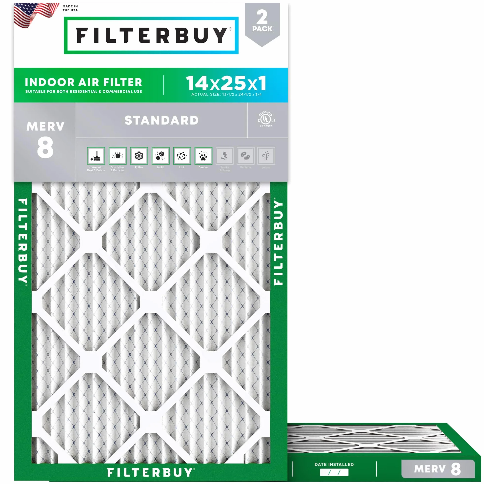 Filterbuy Filtr powietrza 14x25x1 MERV 8 Dust Defense 2-pak plisowany zamiennik do pieca HVAC AC rzeczywisty rozmiar 13,50 x 24,50 x 0,75 cala