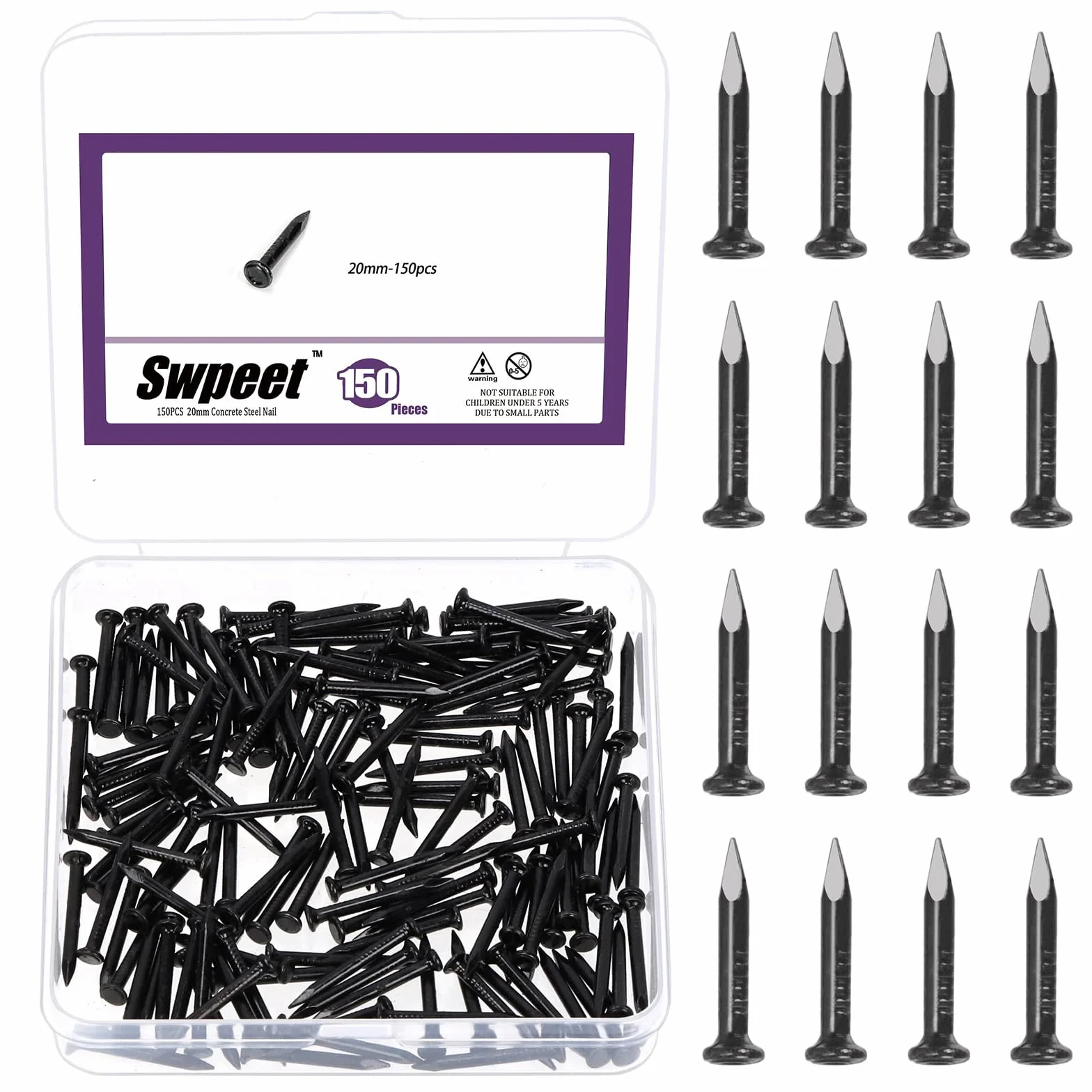Swpeet Zestaw 150 szt. czarnych gwoździ 3/4", gwoździe stalowe, 2 x 20 mm ocynkowane gwoździe, małe gwoździe uszlachetniające, gwoździe ścienne, gwoździe drewniane, gwoździe do kamienia betonowego