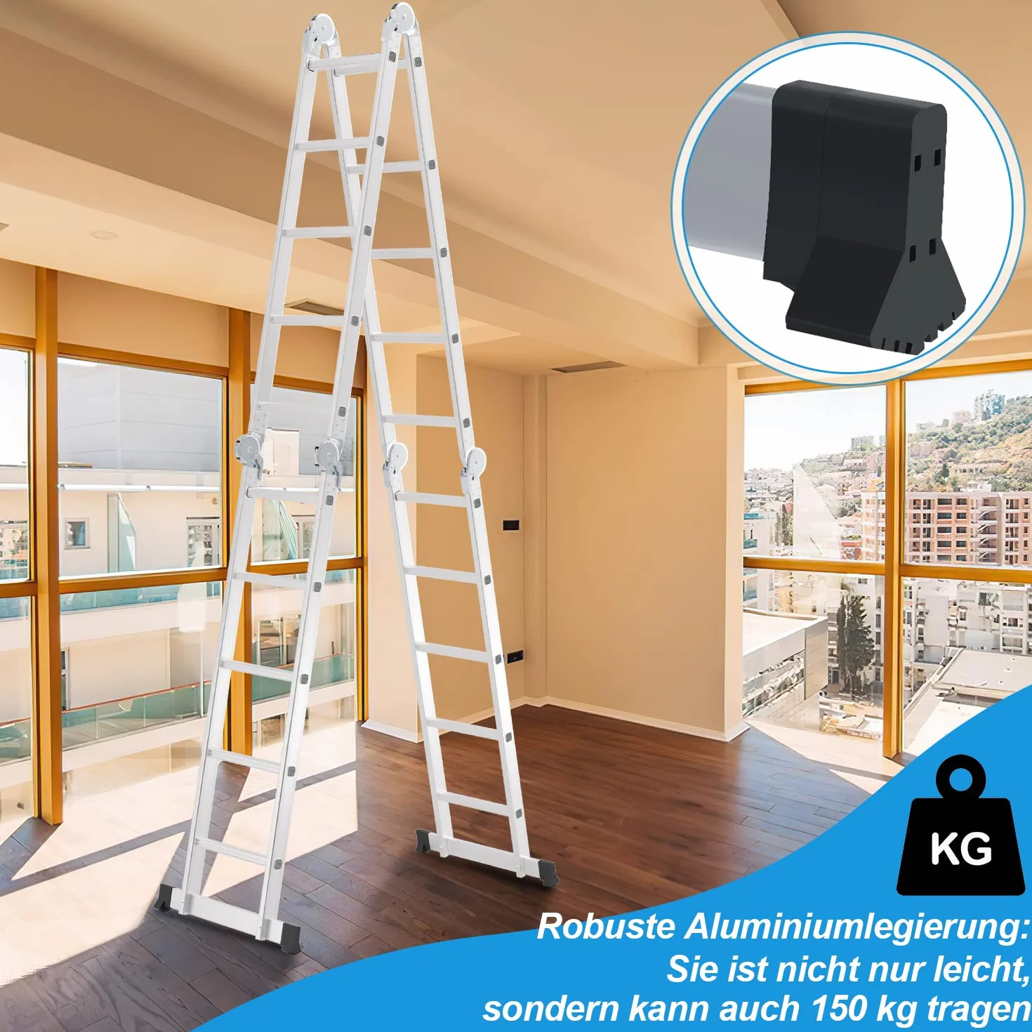 5,8 m aluminiowa drabina wielofunkcyjna z platformą, 2 płytami rusztowania, do 150 kg, 20 stopni, srebrna