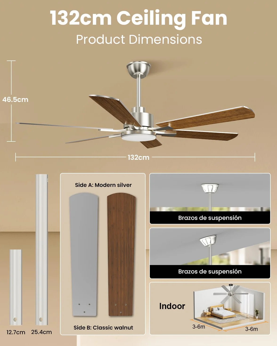 Airwit Wentylator sufitowy z oświetleniem 132 cm dwustronne łopatki z pilotem i silnikiem DC