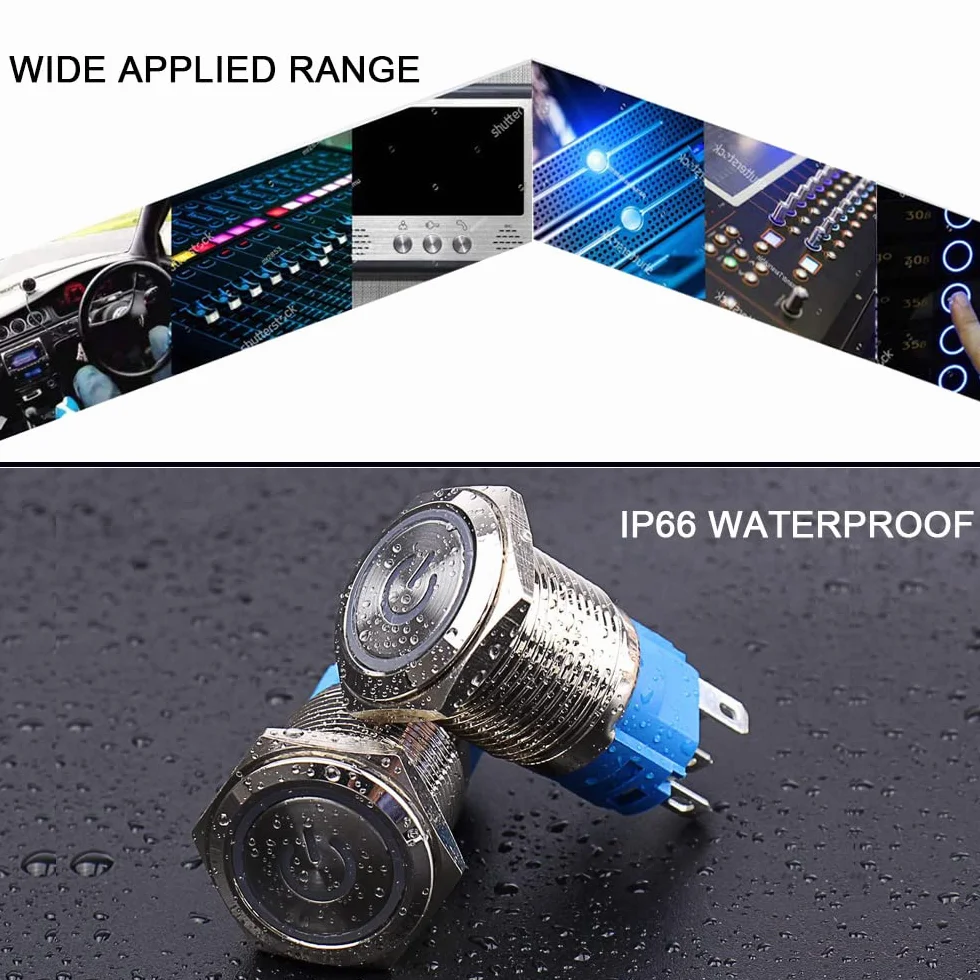 Automatyczny przełącznik przyciskowy 19 mm 12V/24V 5A wodoodporny IP67 stal nierdzewna z wtyczką przewodową żółta dioda LED
