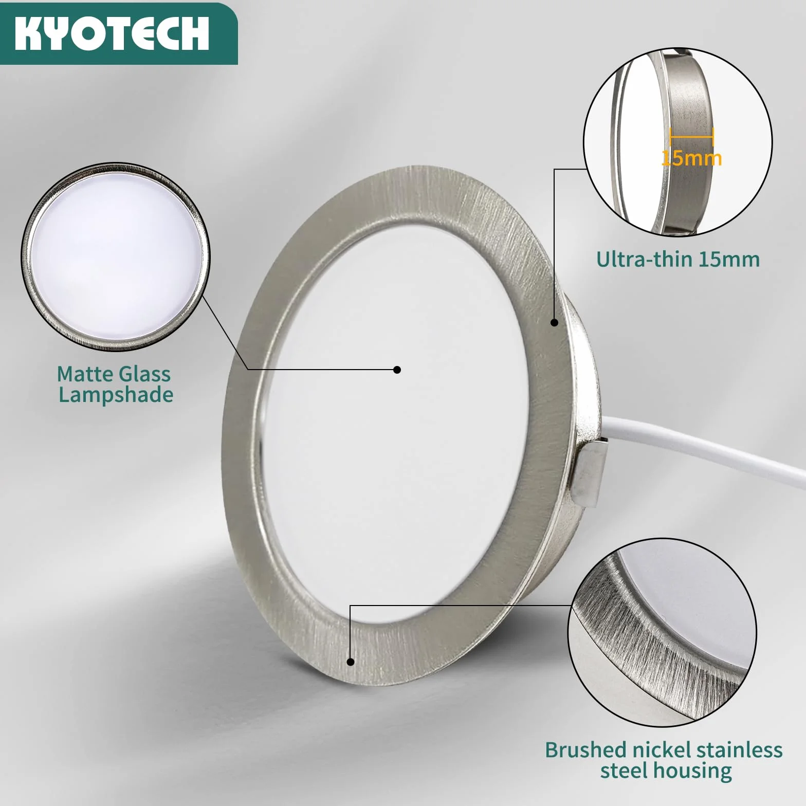 KYOTECH Zestaw 6 lamp meblowych LED 230V 3,5W IP44 G4 15mm płaskie do zabudowy szczotkowana stal nierdzewna 3000K ciepła biel