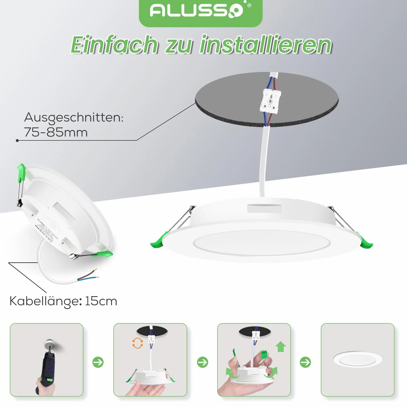 ALUSSO Bardzo płaska, wpuszczana reflektor LED, 5 W 350 lm zimna biel 6500 K, IP44 do łazienki, ultracienki 30 mm, wbudowany AC220-240 V do salonu, kuchni, zestaw 6 sztuk