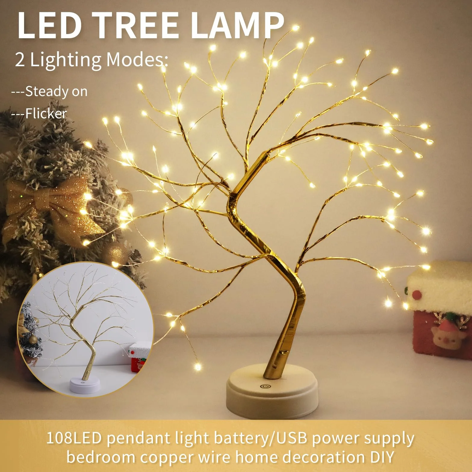 Choinka LED 108 diod, regulowana gałąź, USB/bateria, ciepłe białe światło, dekoracja wnętrz