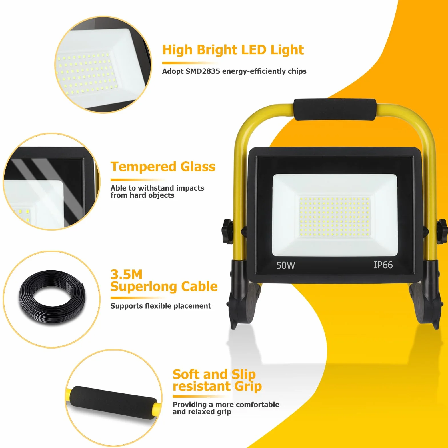 Reflektor Budowlany LED 50W 5400lm 6000K IP66 Wodoodporny z Przewodem 3,5m