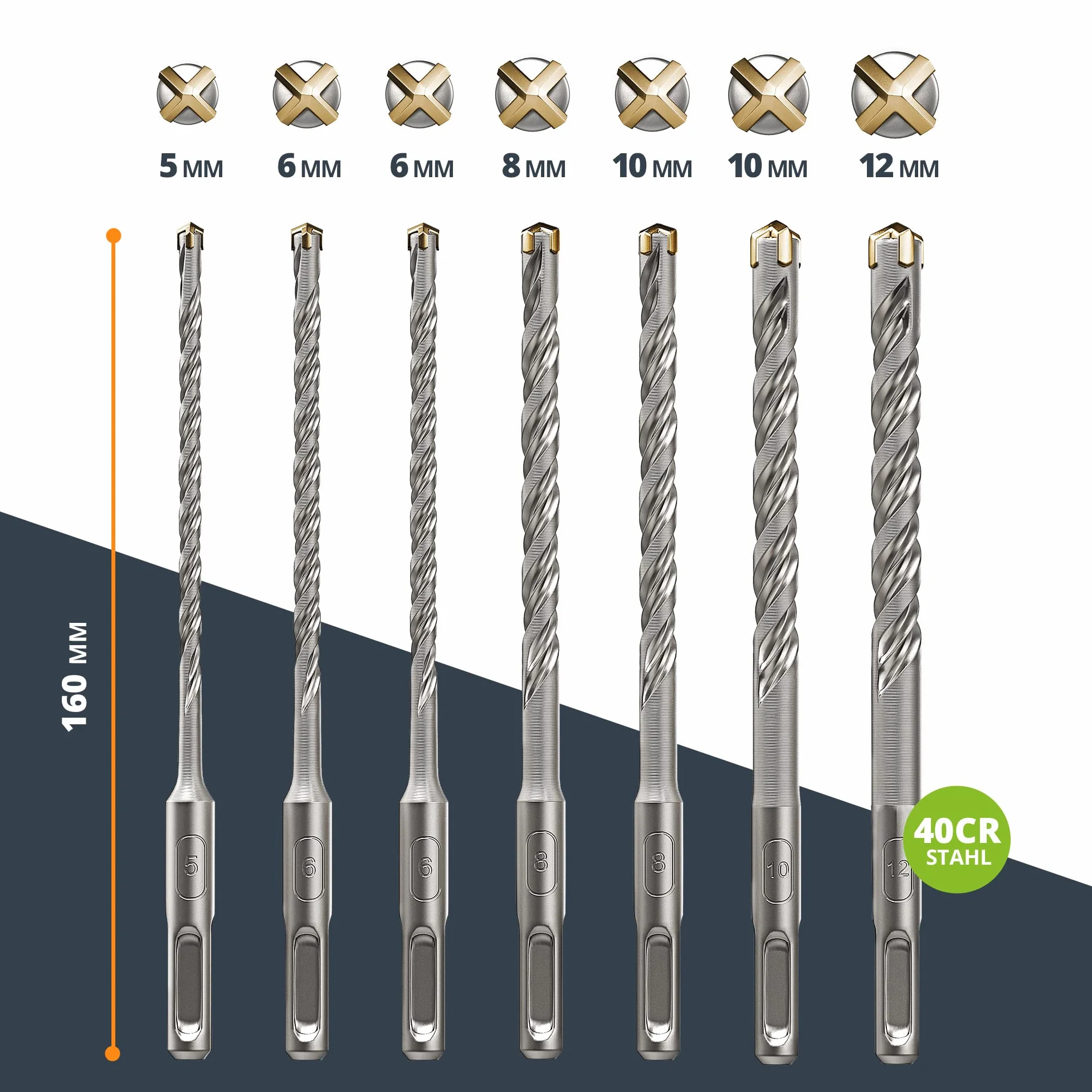 BAURIX® Zestaw wierteł SDS 7 sztuk 5,6,6,8,10,12 mm 160 mm