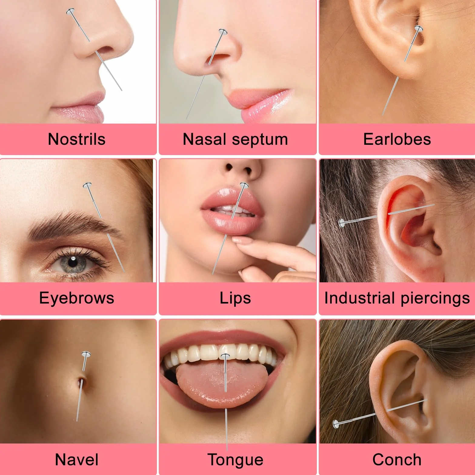 Telooco Zestaw do piercingu 6 sztuk, narzędzie do chwytania kulek do piercingu i 16G 18G stalowe narzędzie do wkładania kolczyków do piercingu z płaskim tyłem, zestaw do zmieniania piercingu na ucho
