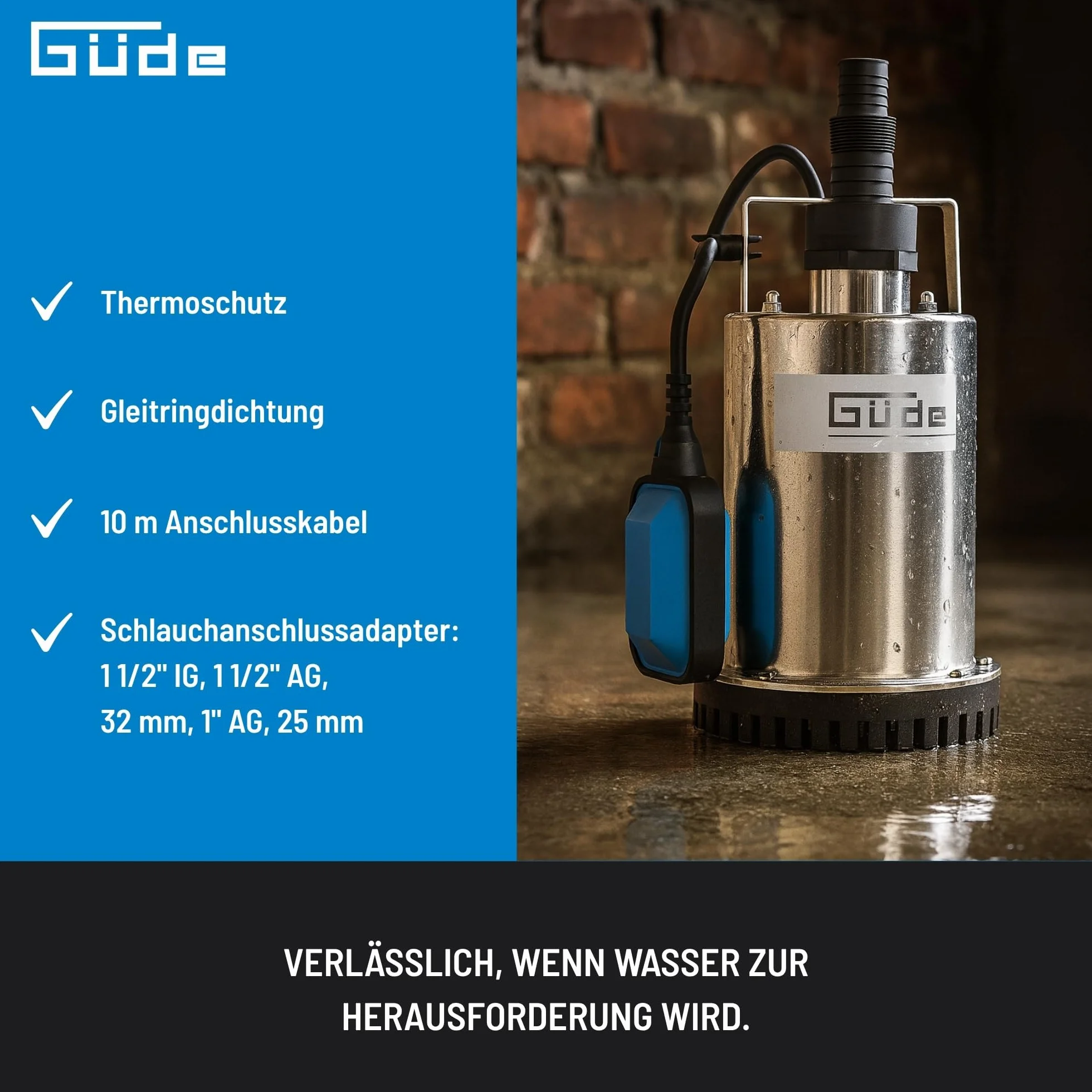 Güde GFS 4000 INOX płaska pompa zanurzeniowa 400 W 700 l/h gwint IG 1 ½"